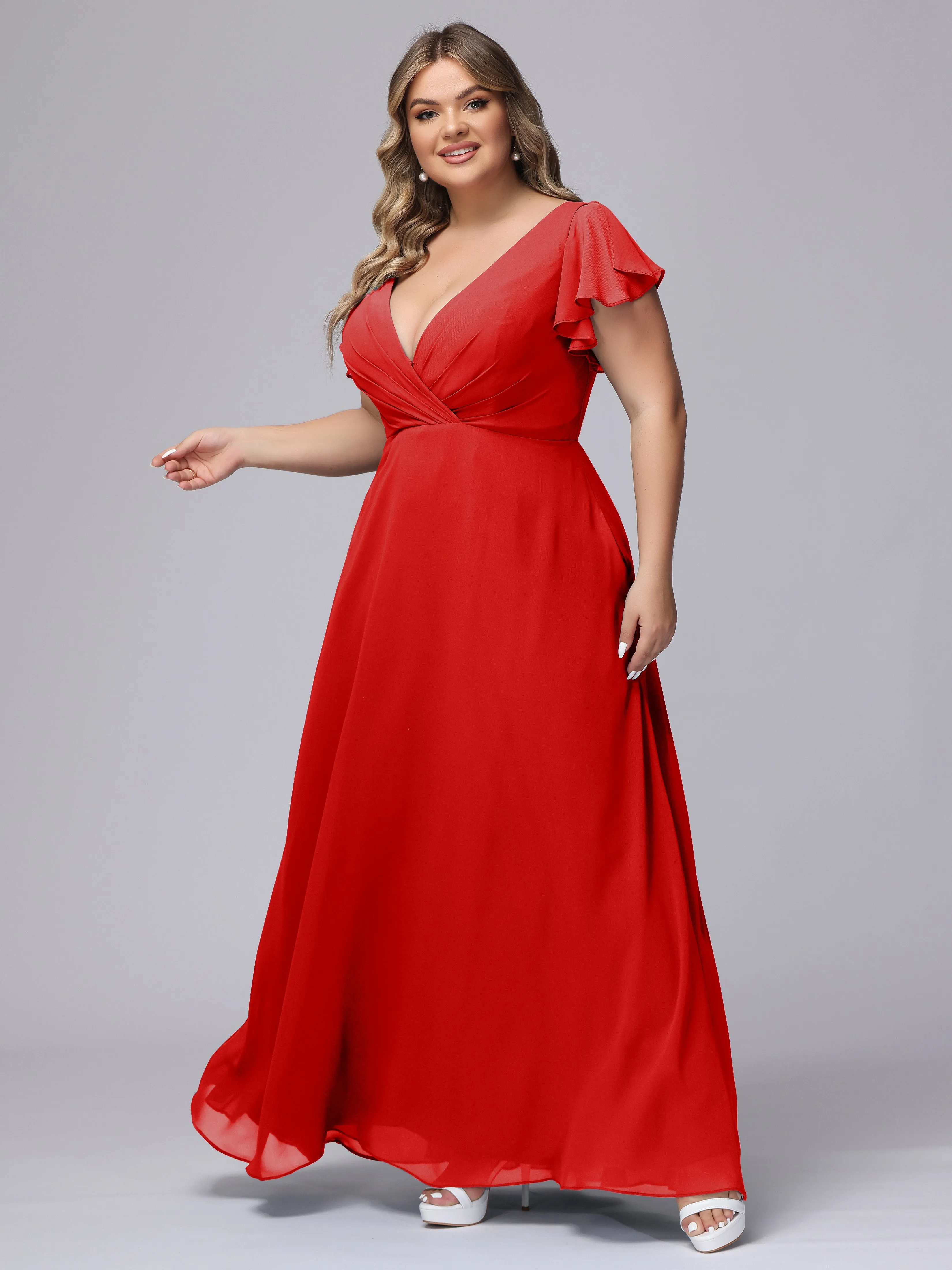 A-line Short Sleeves V-neck Chiffon Plus Size Long Bridesmaid Dresses