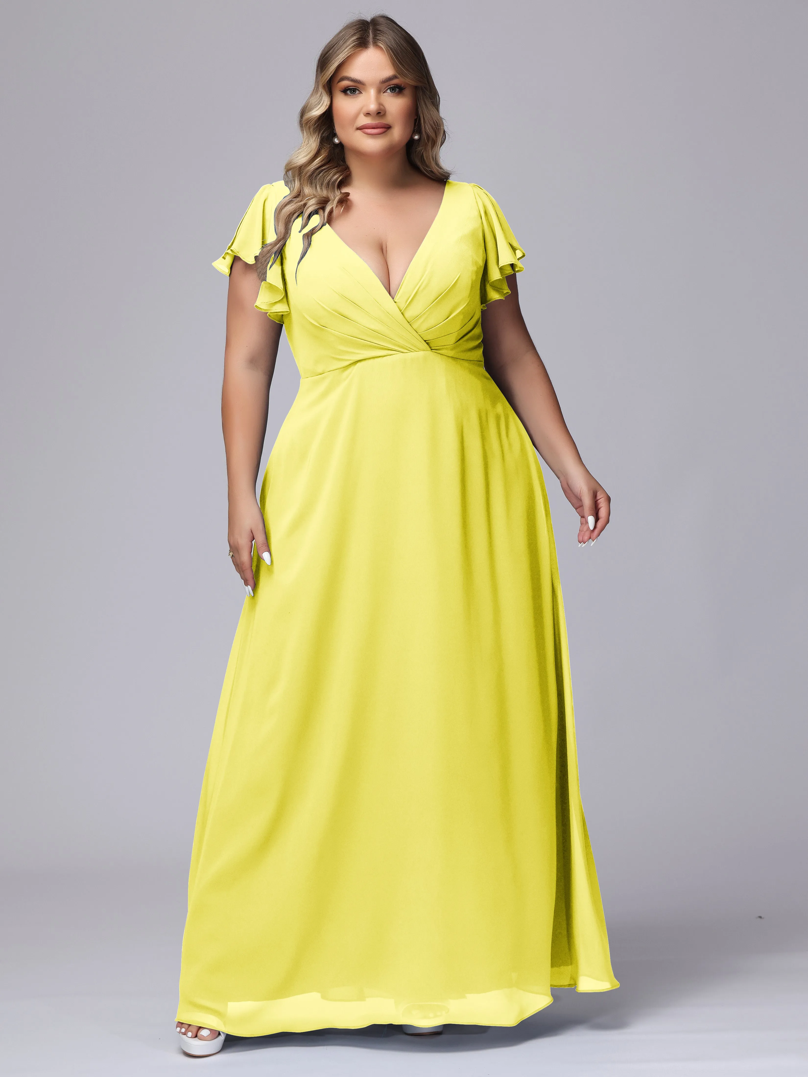 A-line Short Sleeves V-neck Chiffon Plus Size Long Bridesmaid Dresses