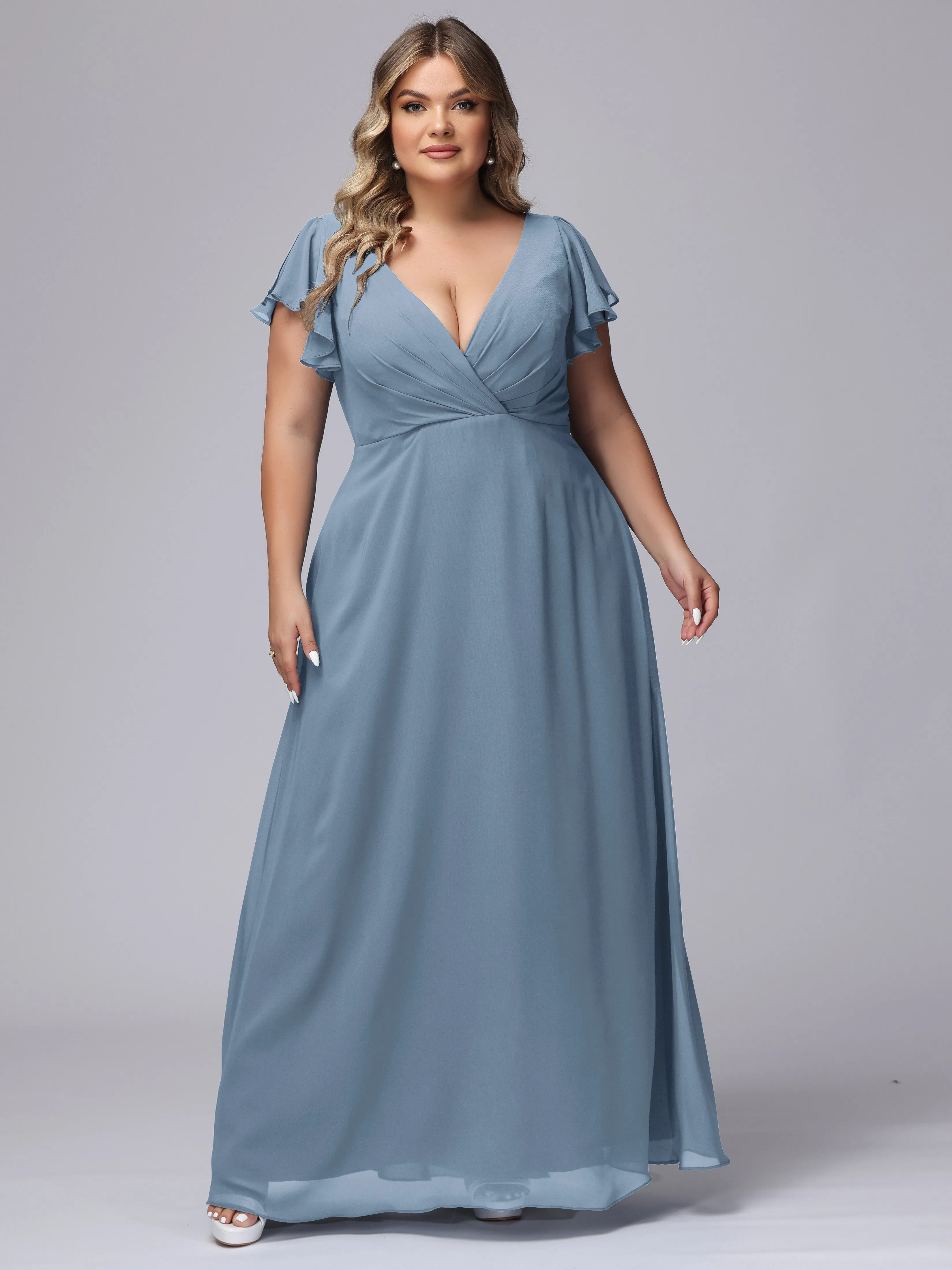 A-line Short Sleeves V-neck Chiffon Plus Size Long Bridesmaid Dresses
