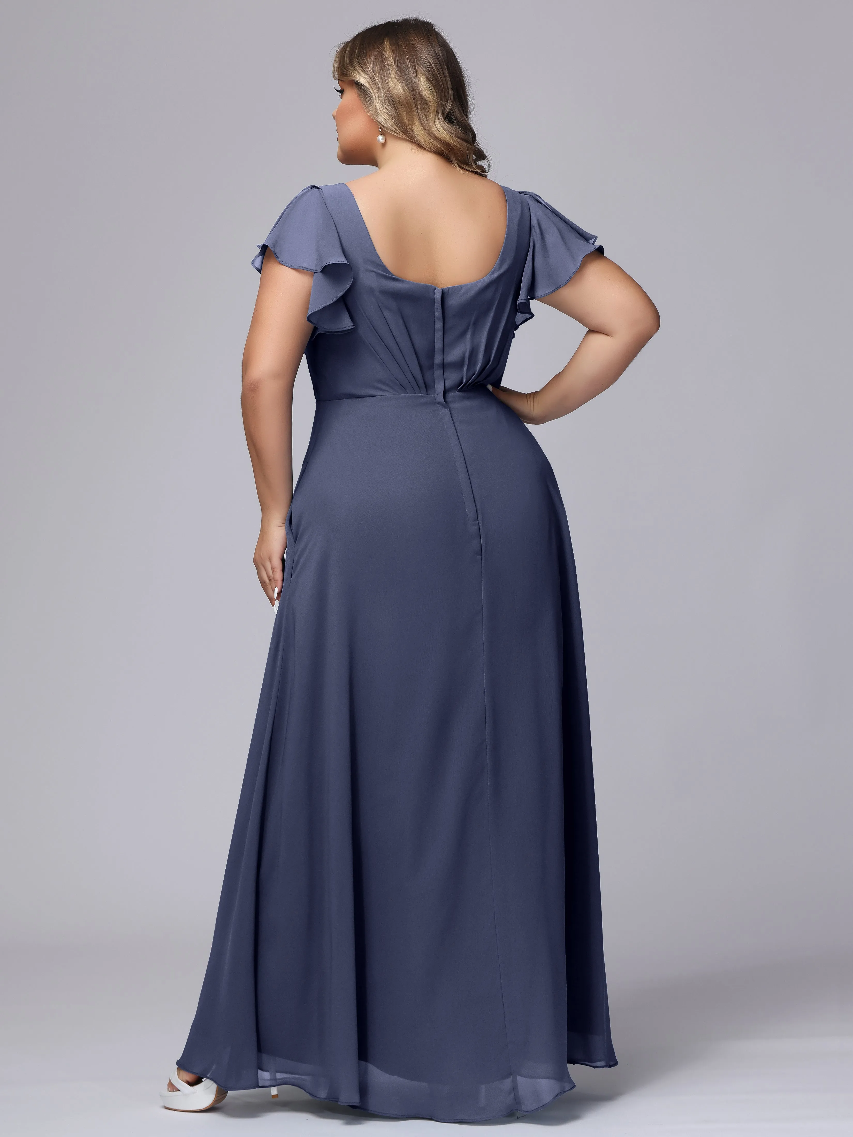 A-line Short Sleeves V-neck Chiffon Plus Size Long Bridesmaid Dresses
