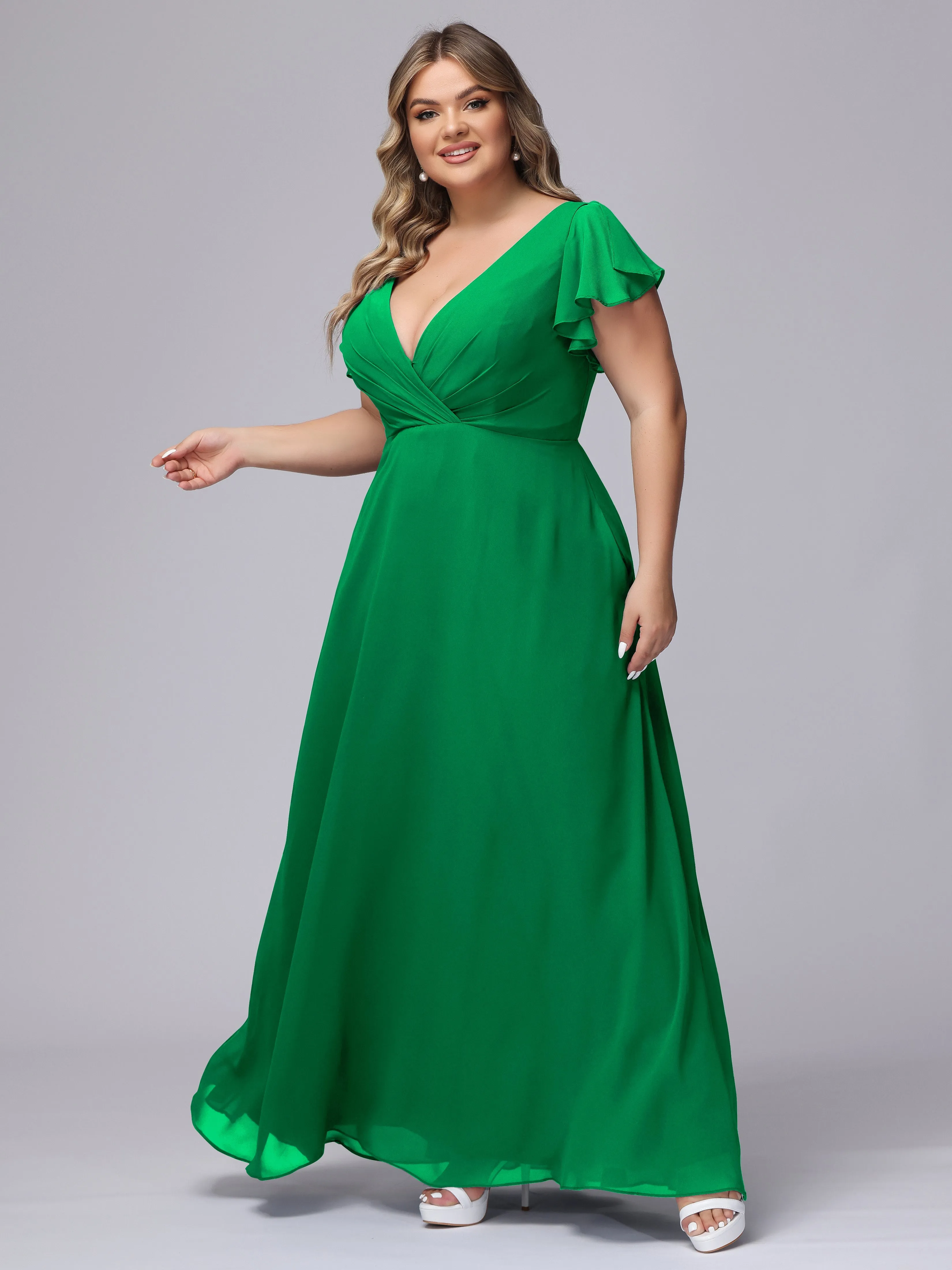 A-line Short Sleeves V-neck Chiffon Plus Size Long Bridesmaid Dresses
