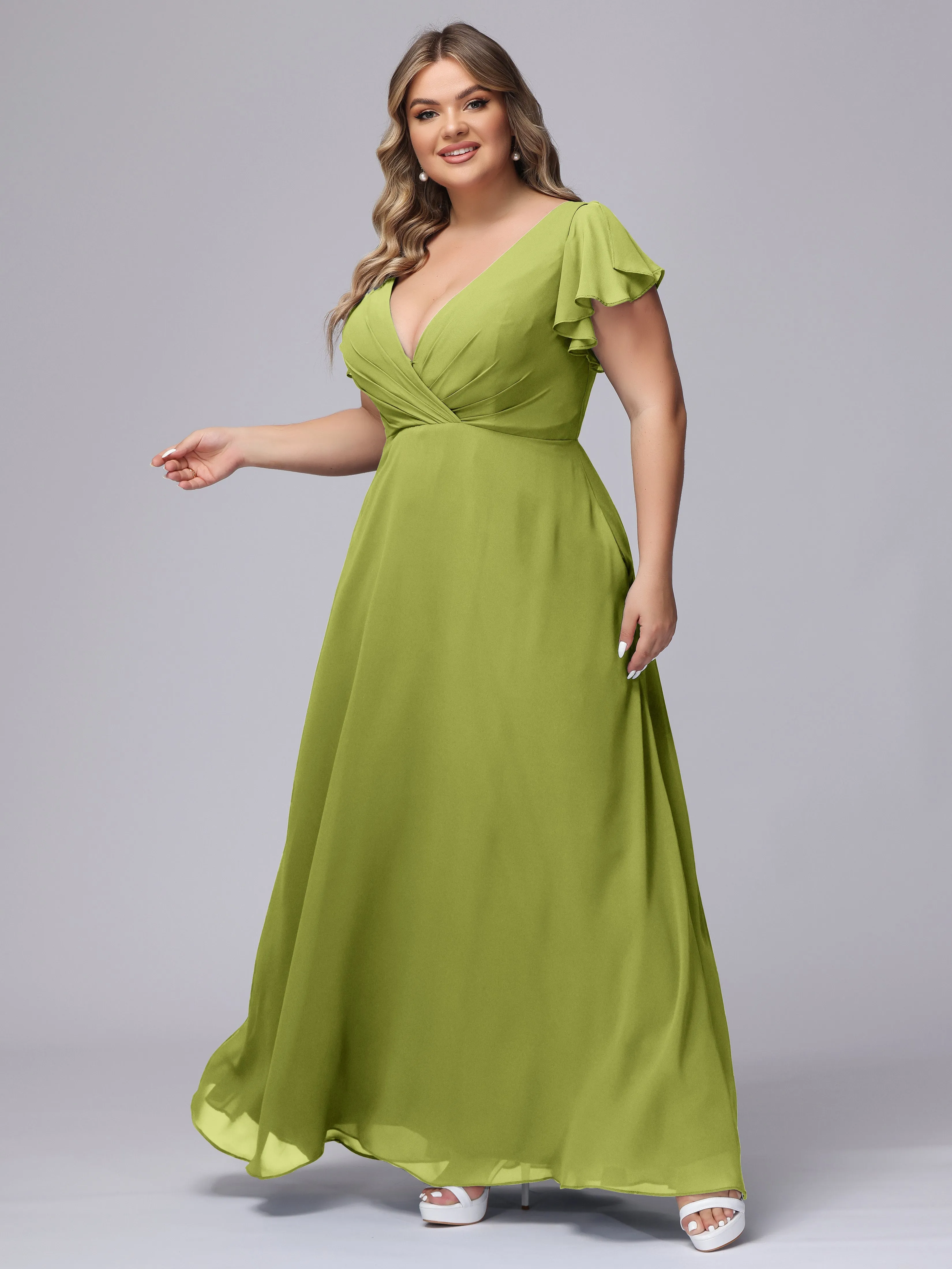 A-line Short Sleeves V-neck Chiffon Plus Size Long Bridesmaid Dresses