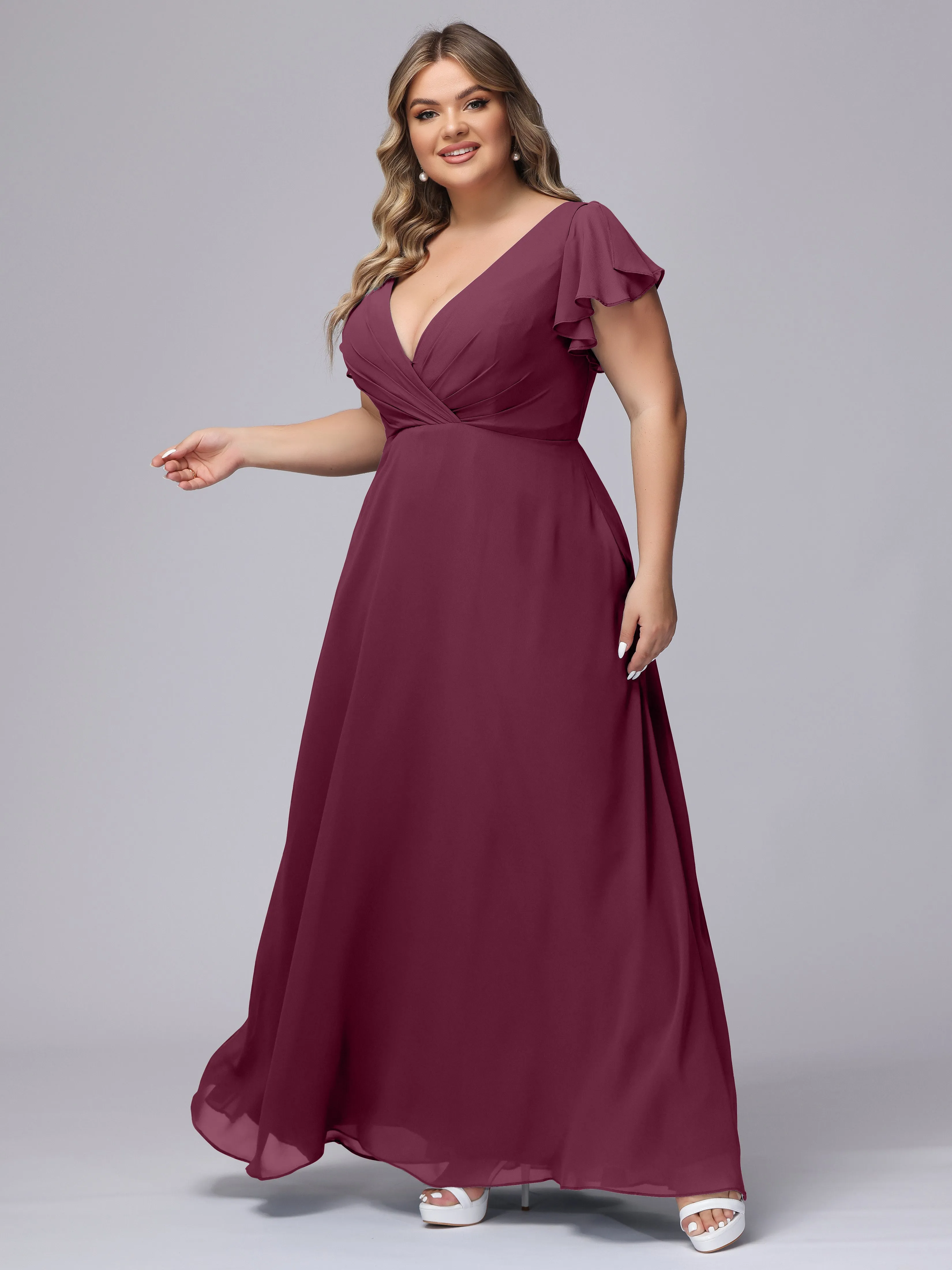 A-line Short Sleeves V-neck Chiffon Plus Size Long Bridesmaid Dresses