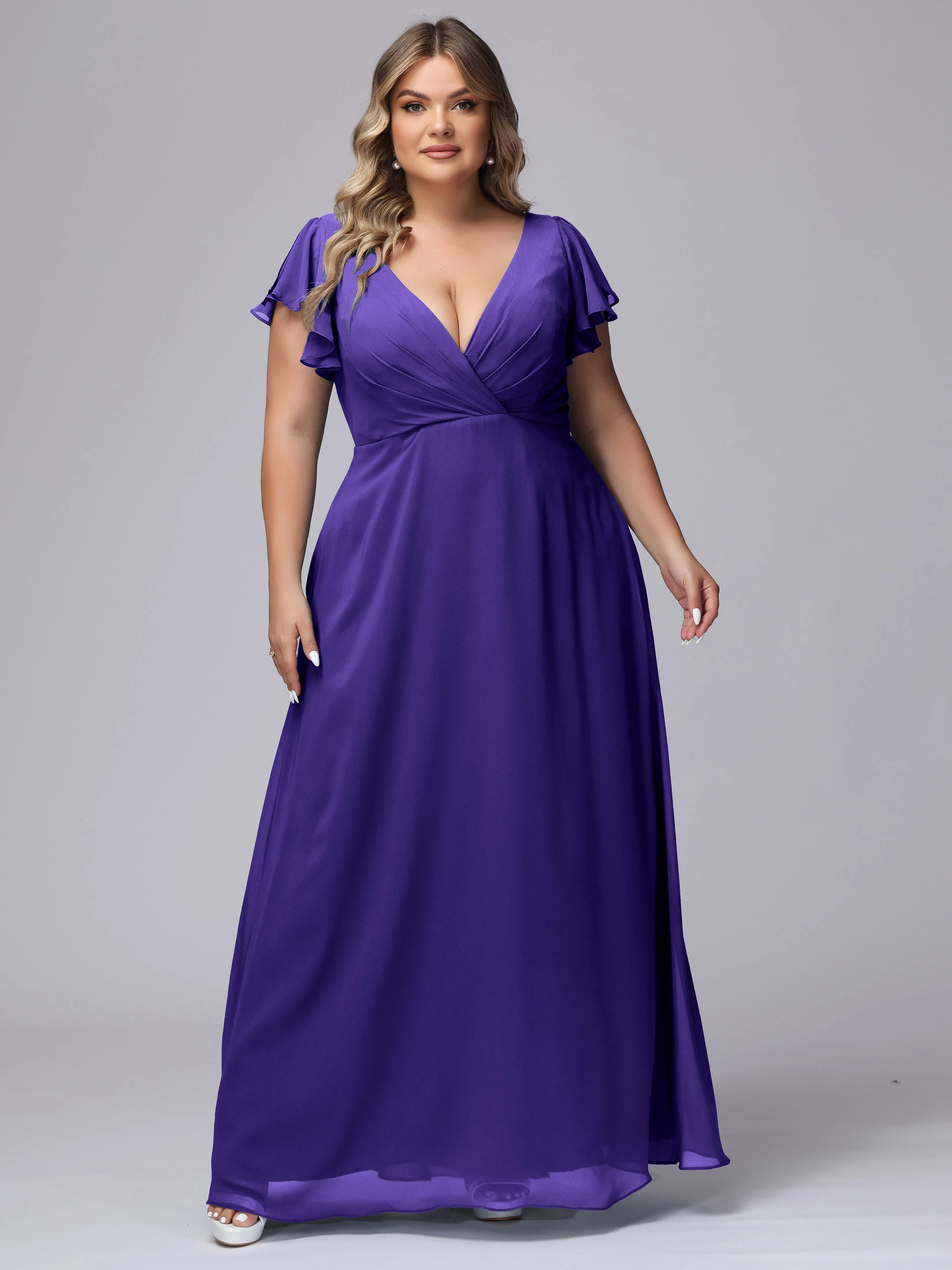 A-line Short Sleeves V-neck Chiffon Plus Size Long Bridesmaid Dresses
