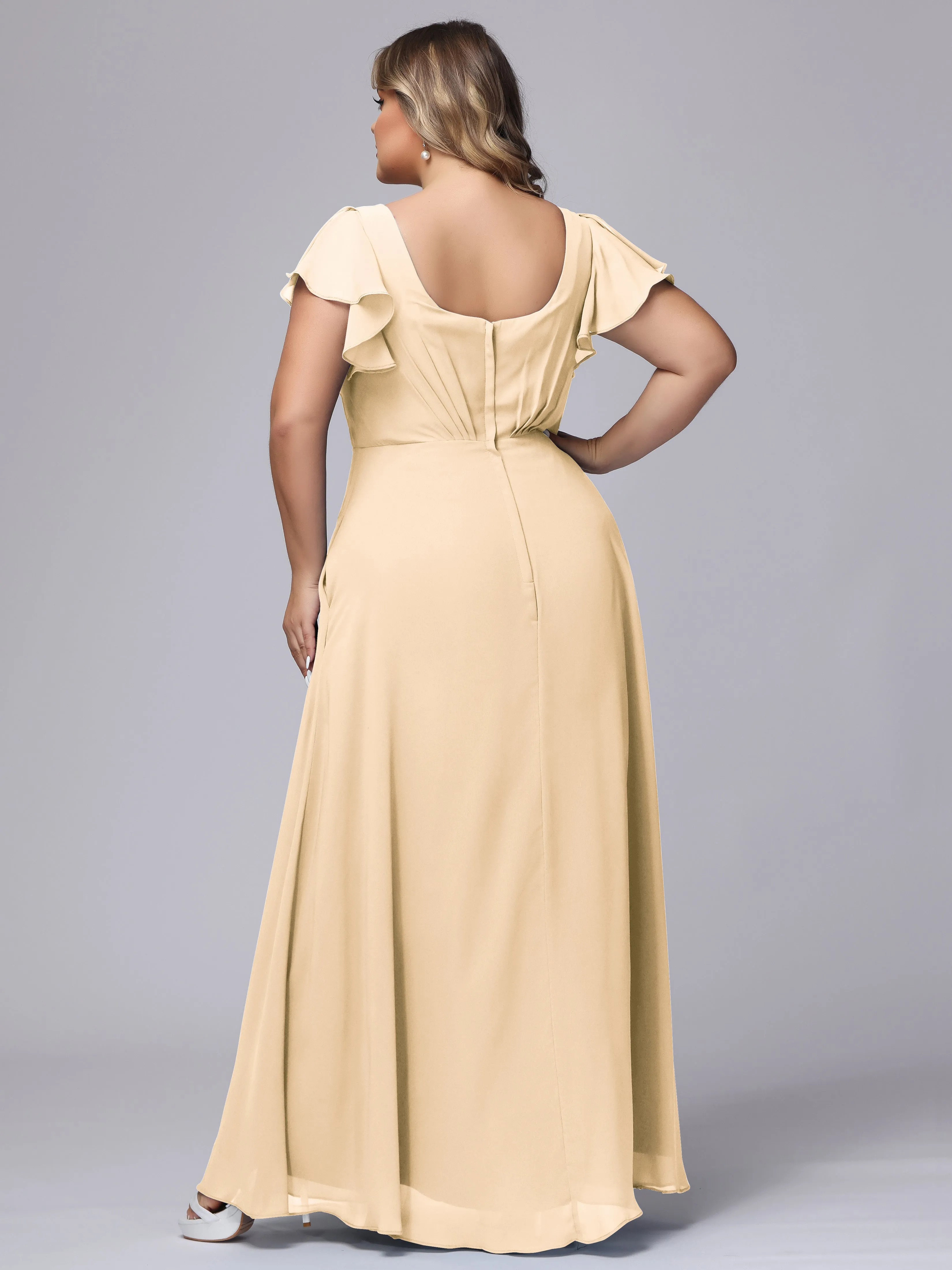 A-line Short Sleeves V-neck Chiffon Plus Size Long Bridesmaid Dresses