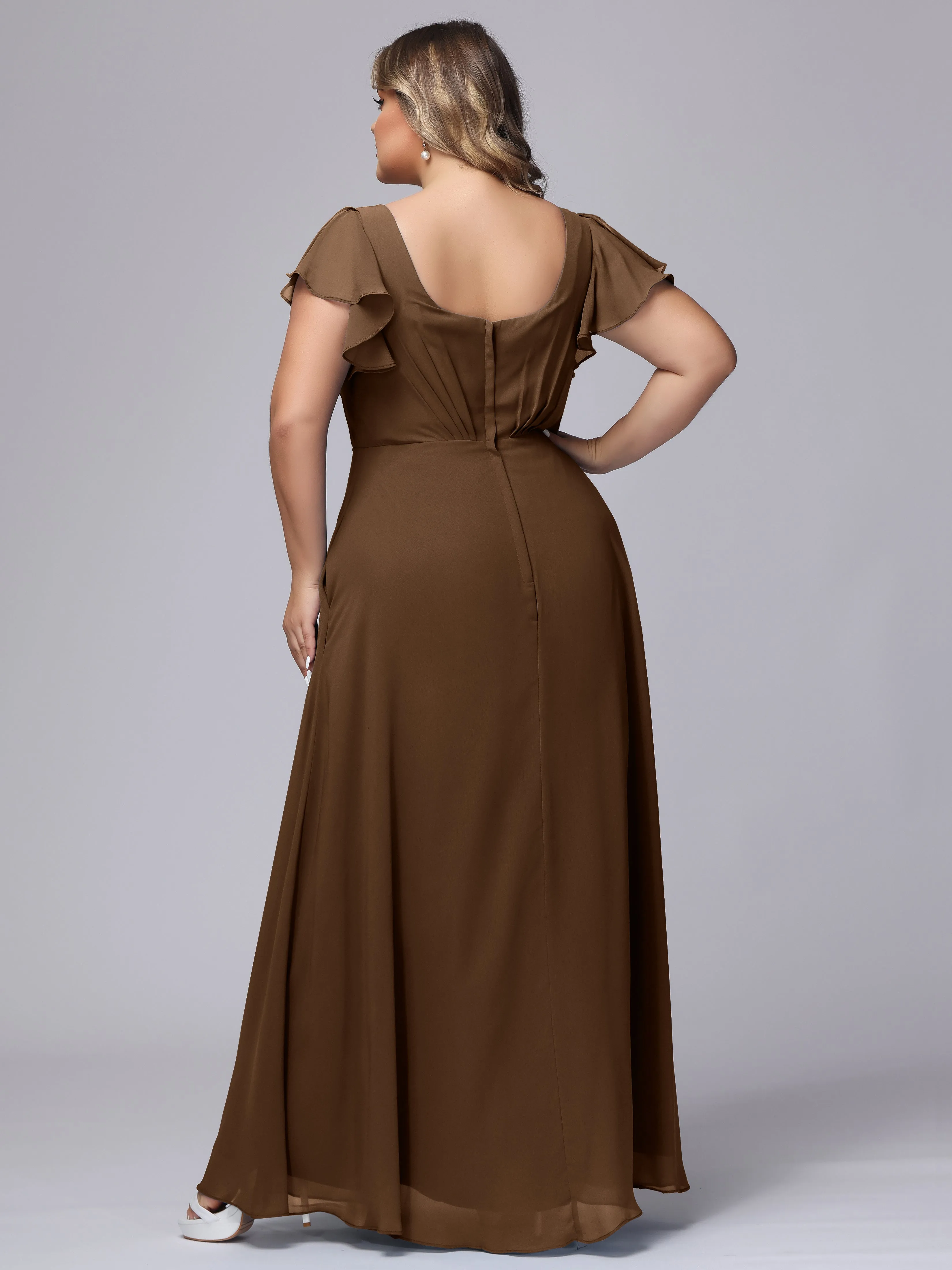 A-line Short Sleeves V-neck Chiffon Plus Size Long Bridesmaid Dresses