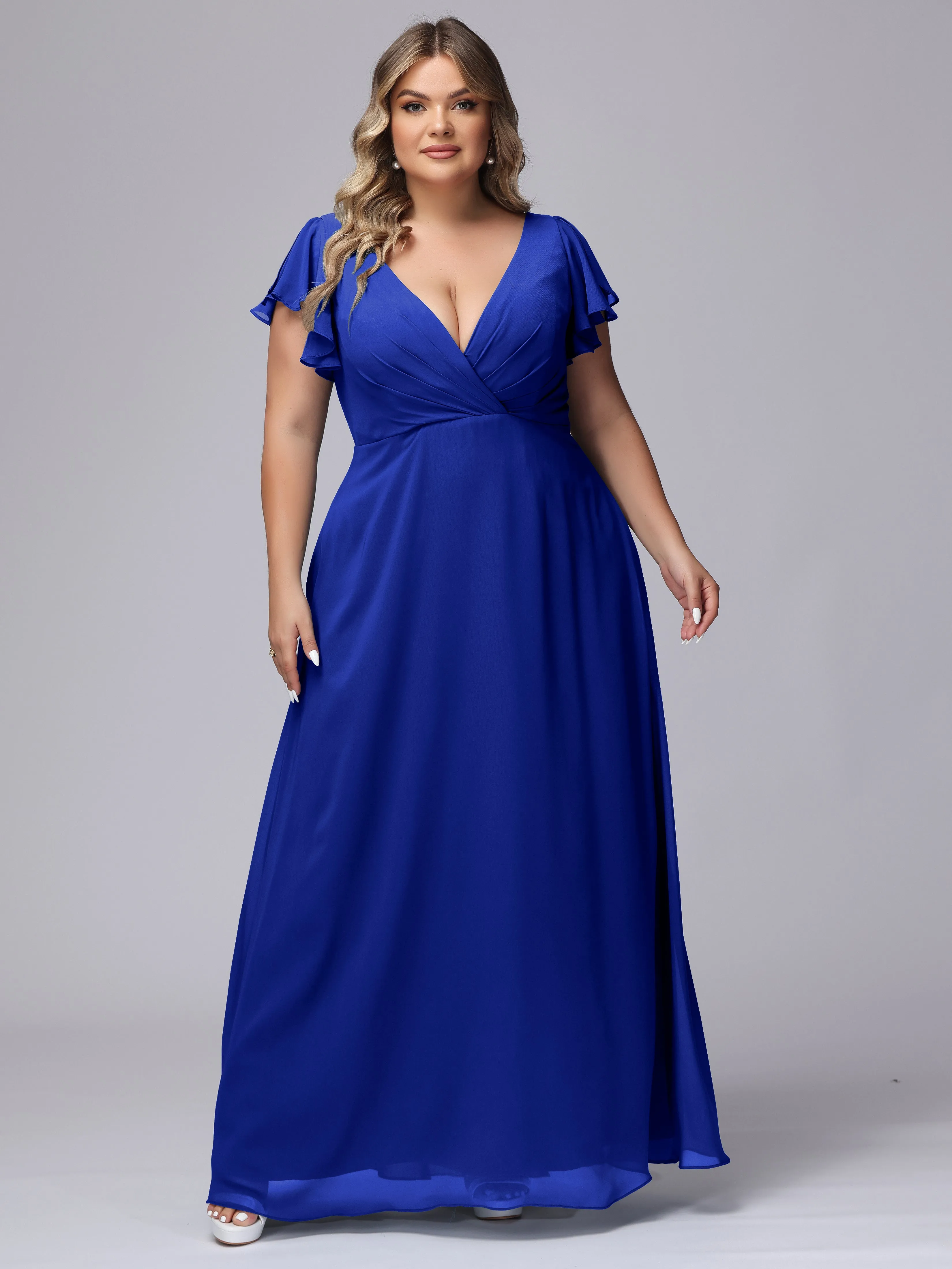 A-line Short Sleeves V-neck Chiffon Plus Size Long Bridesmaid Dresses
