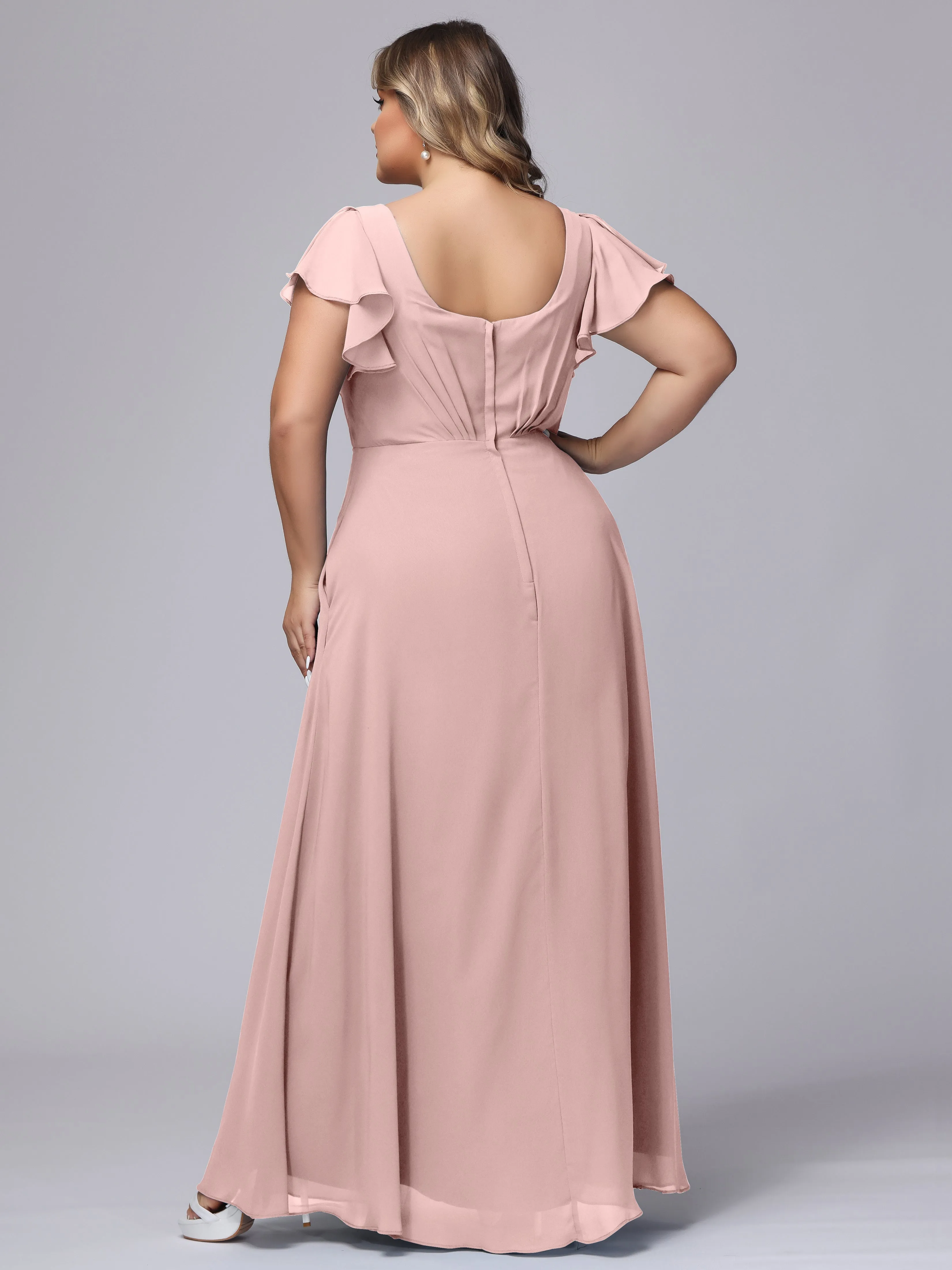 A-line Short Sleeves V-neck Chiffon Plus Size Long Bridesmaid Dresses