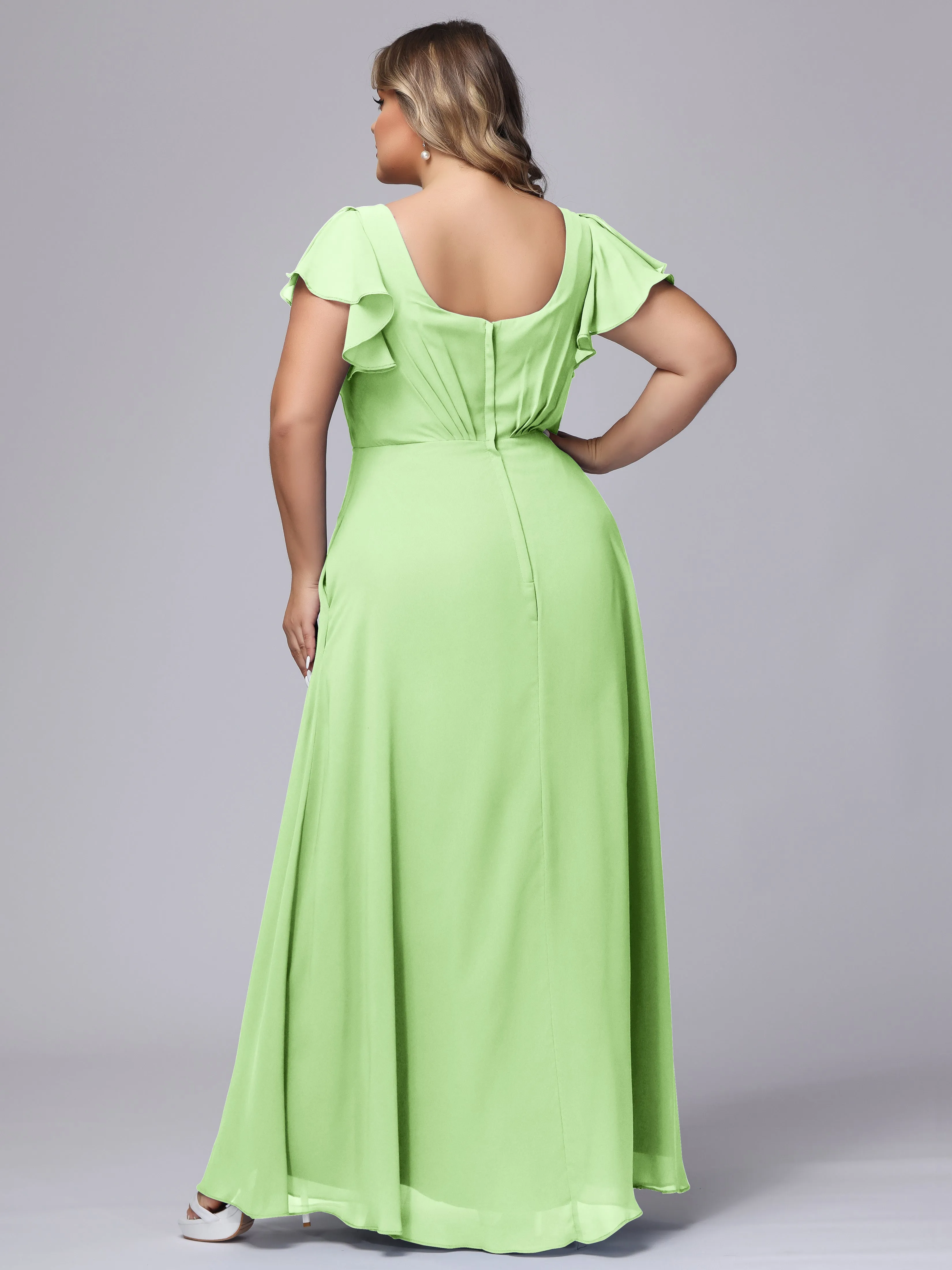 A-line Short Sleeves V-neck Chiffon Plus Size Long Bridesmaid Dresses