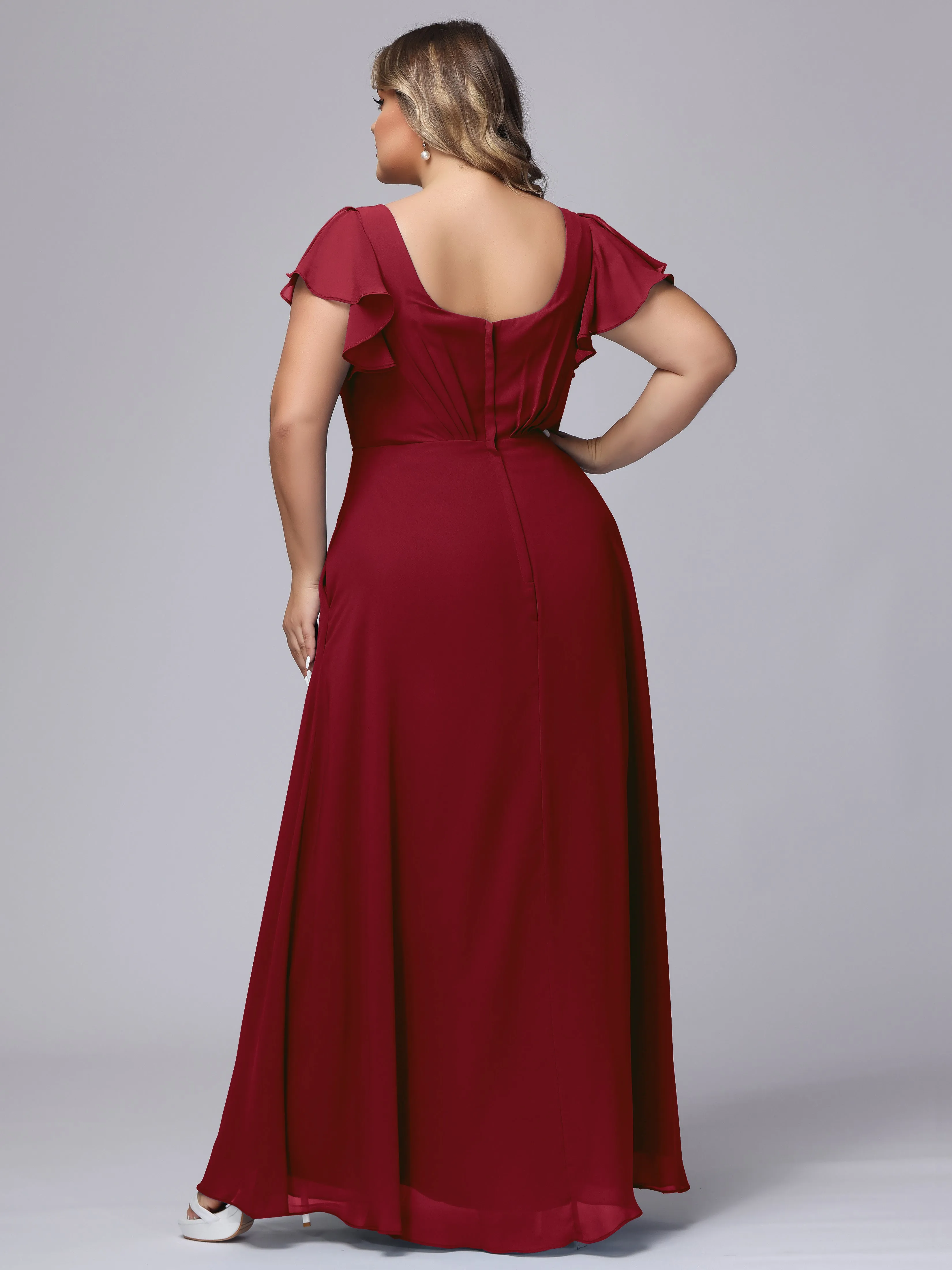 A-line Short Sleeves V-neck Chiffon Plus Size Long Bridesmaid Dresses