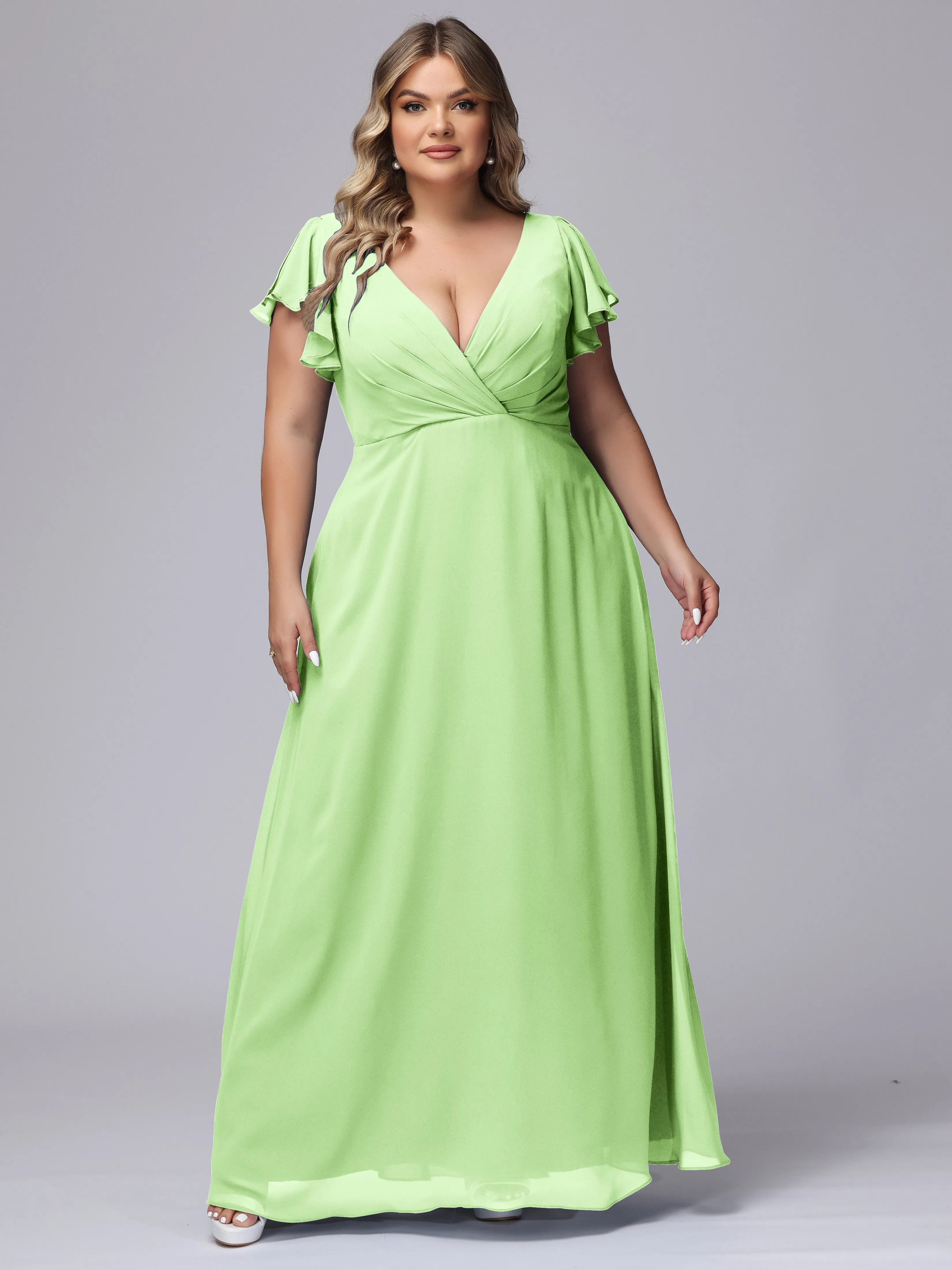 A-line Short Sleeves V-neck Chiffon Plus Size Long Bridesmaid Dresses