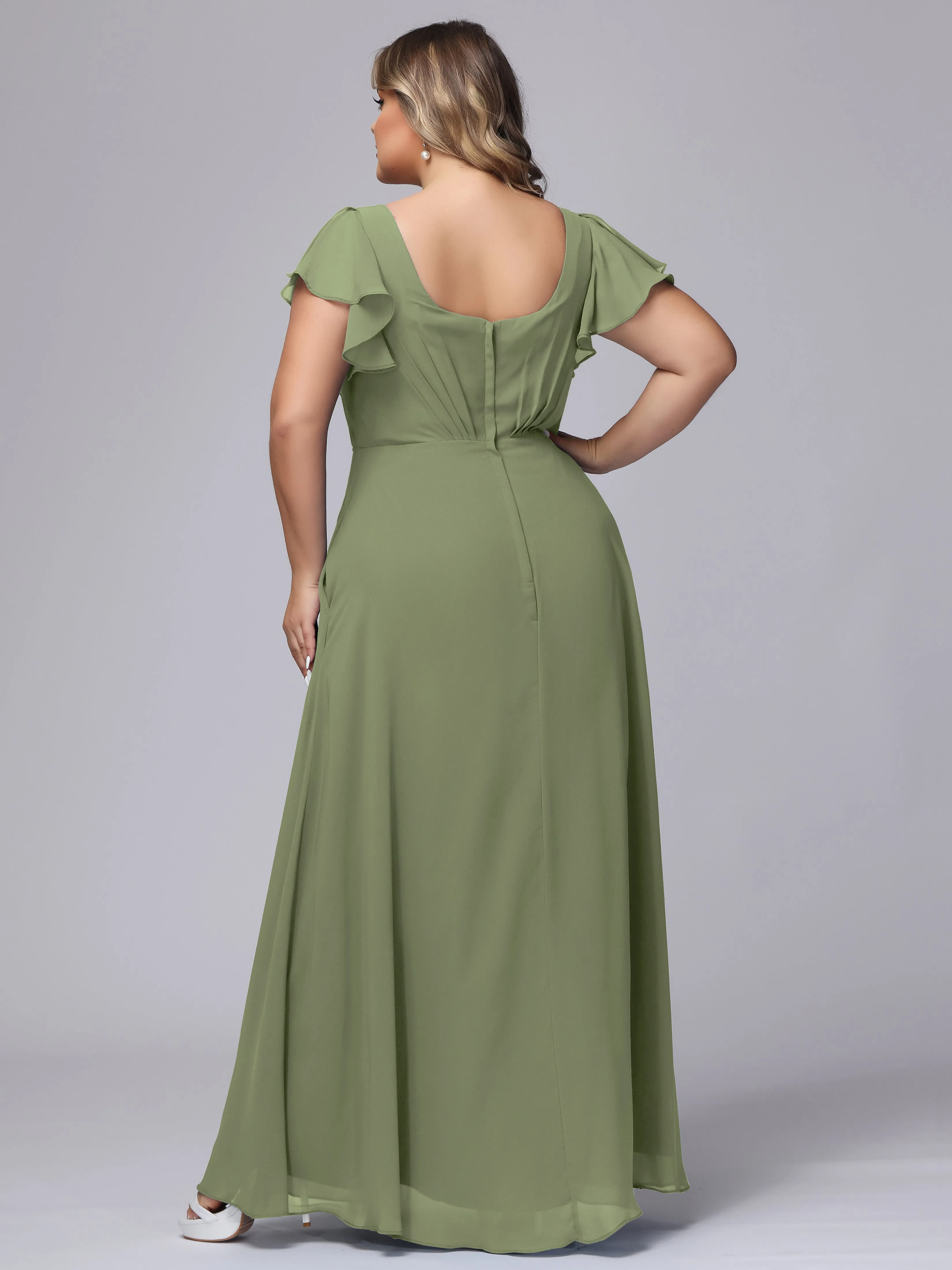 A-line Short Sleeves V-neck Chiffon Plus Size Long Bridesmaid Dresses