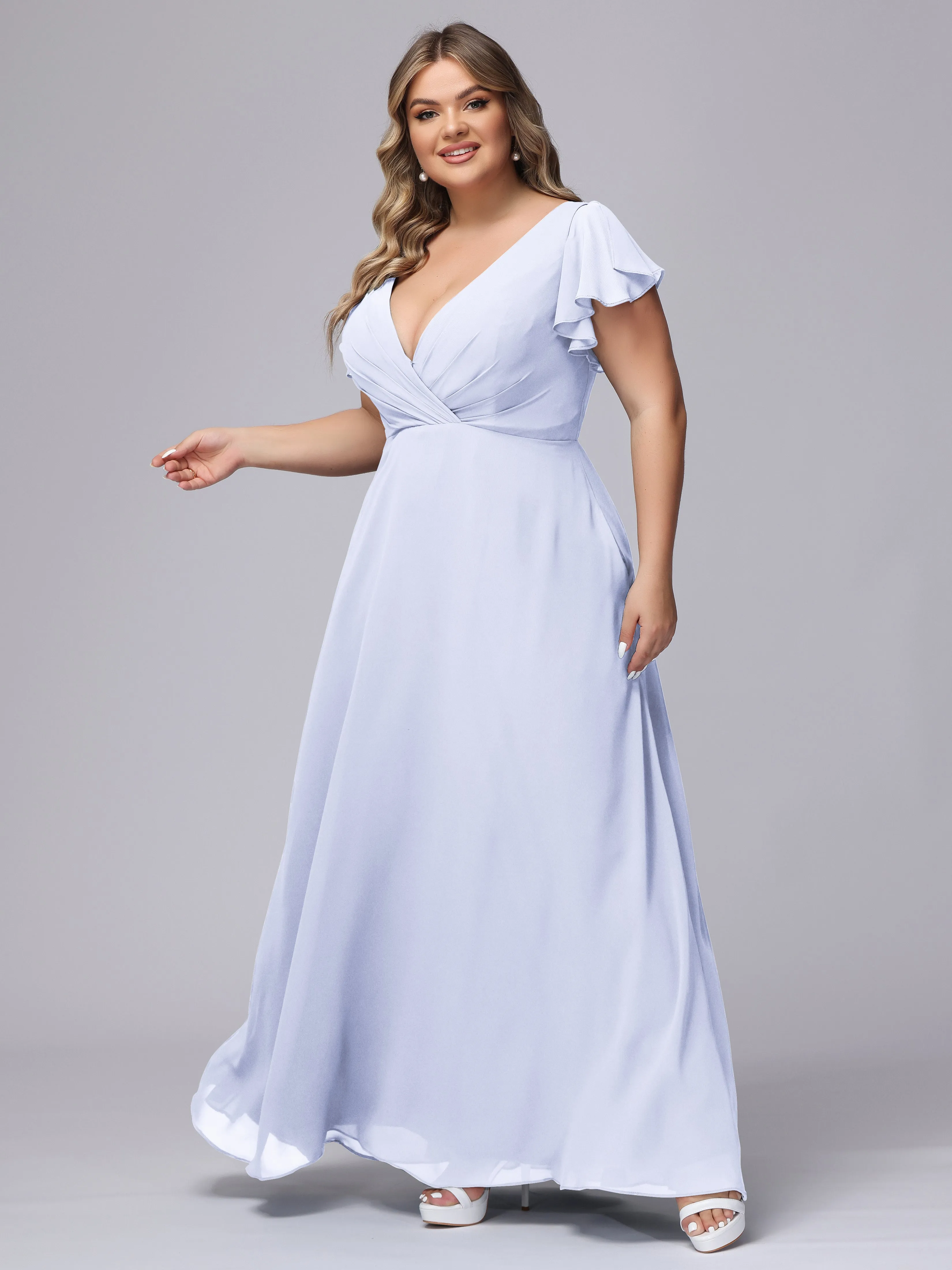 A-line Short Sleeves V-neck Chiffon Plus Size Long Bridesmaid Dresses