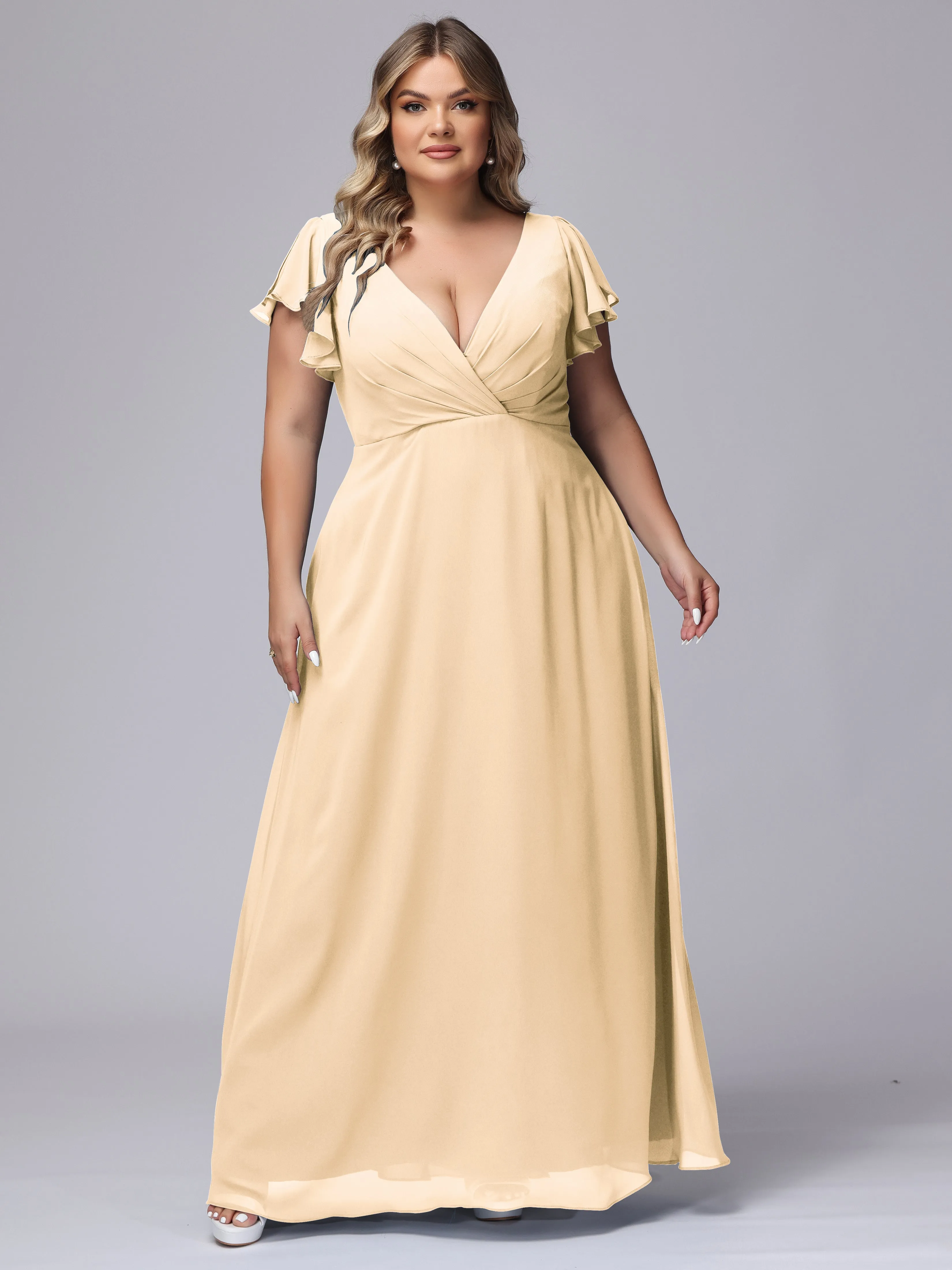 A-line Short Sleeves V-neck Chiffon Plus Size Long Bridesmaid Dresses