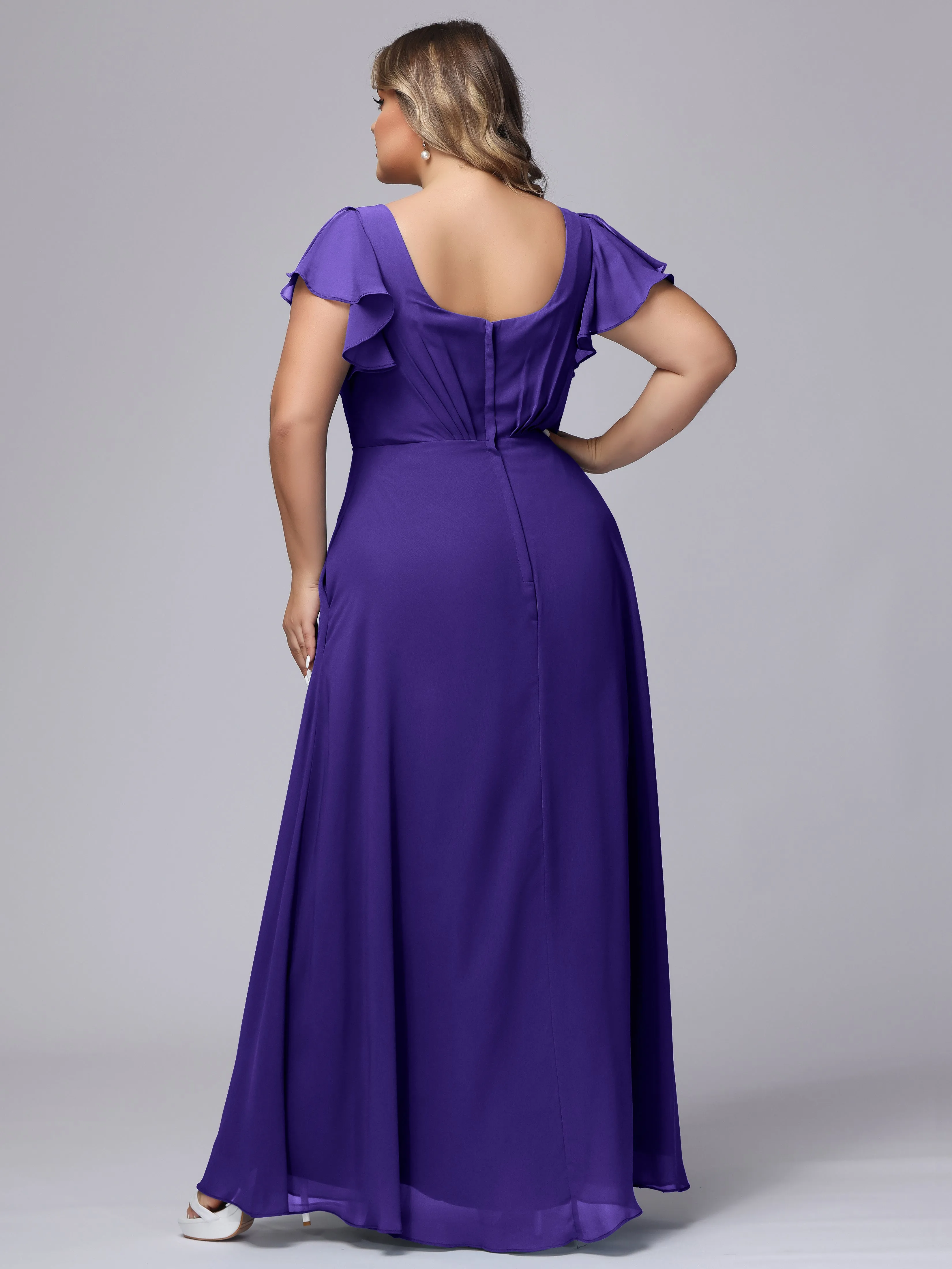 A-line Short Sleeves V-neck Chiffon Plus Size Long Bridesmaid Dresses