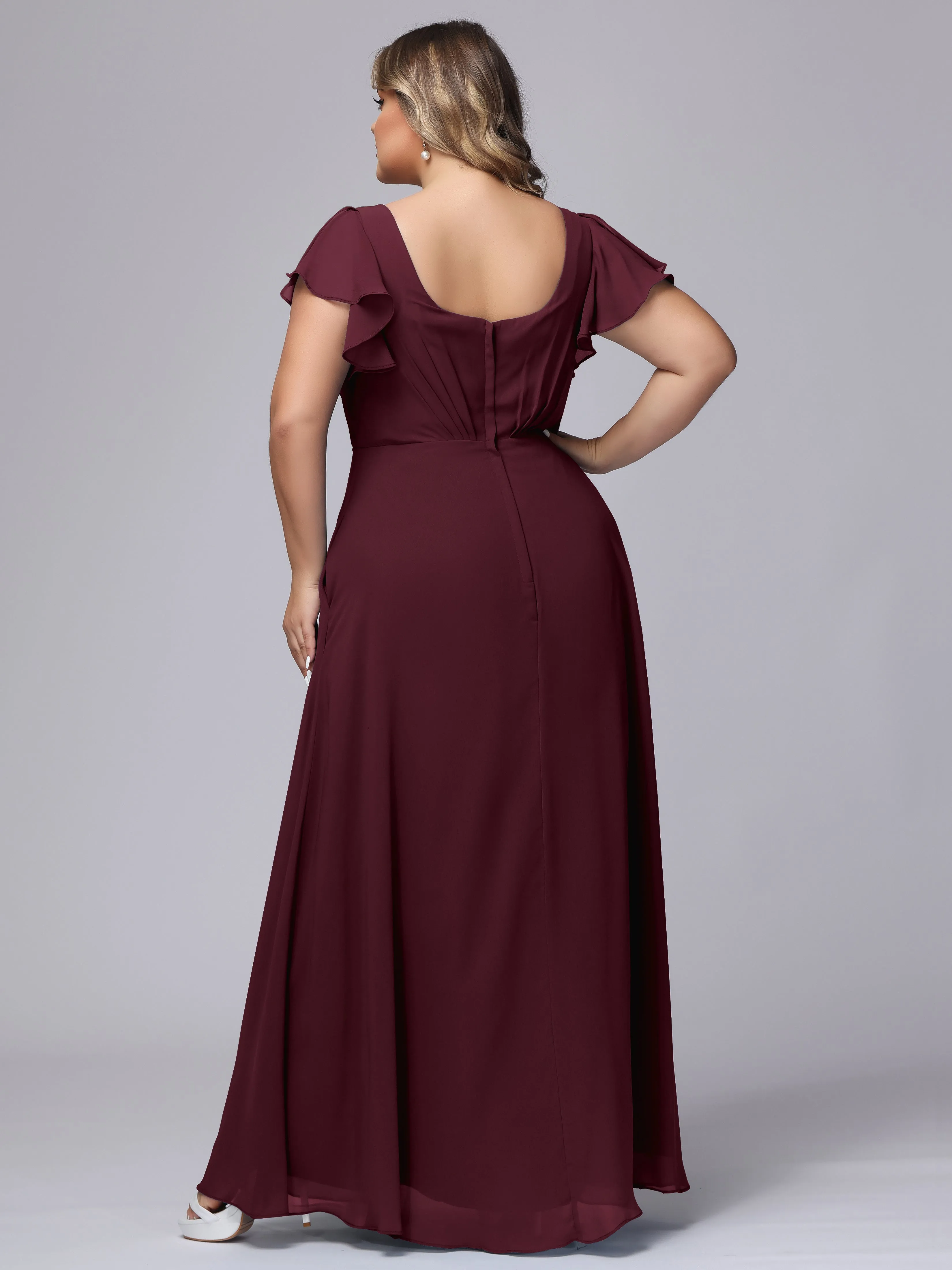 A-line Short Sleeves V-neck Chiffon Plus Size Long Bridesmaid Dresses