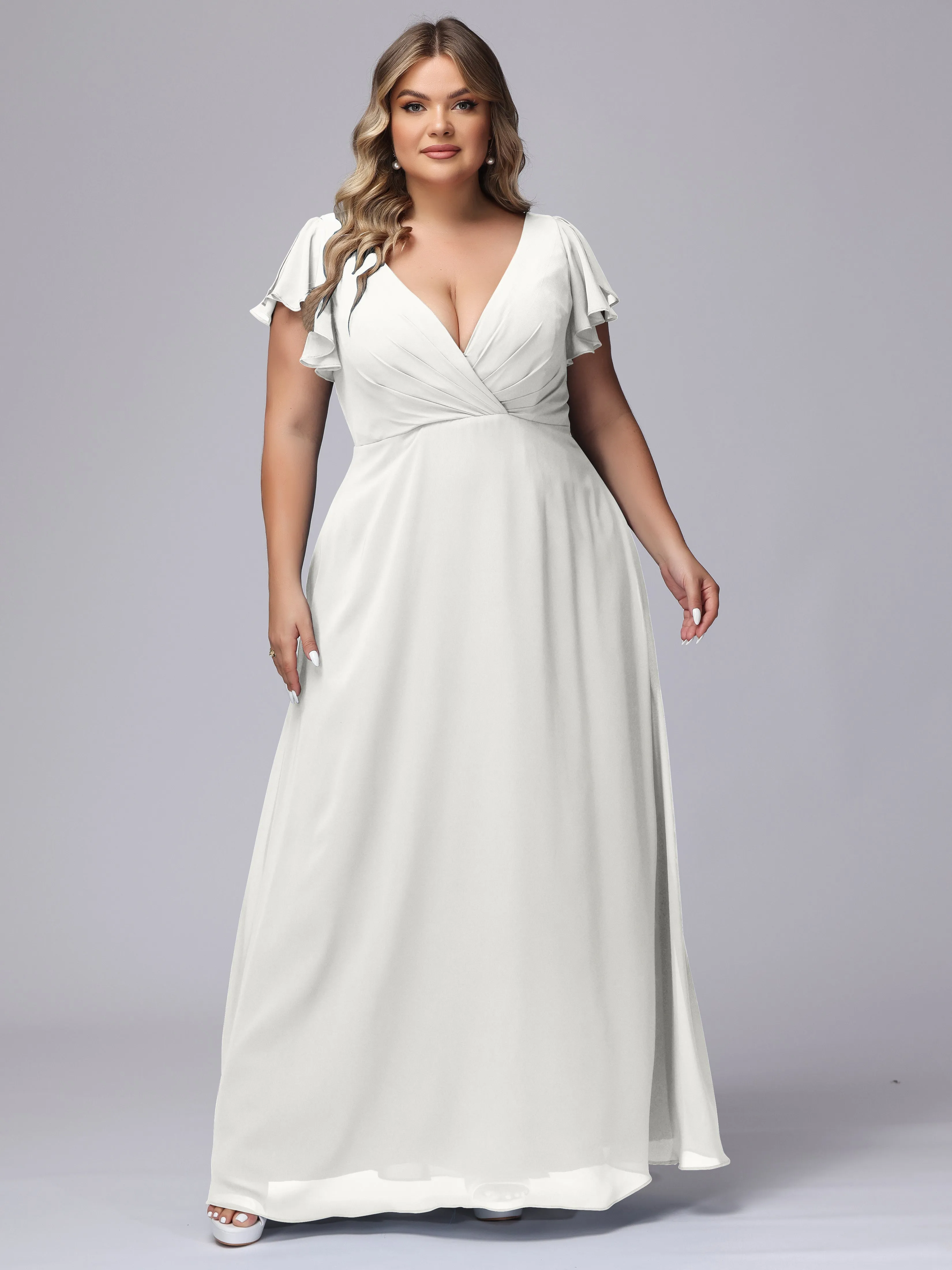 A-line Short Sleeves V-neck Chiffon Plus Size Long Bridesmaid Dresses