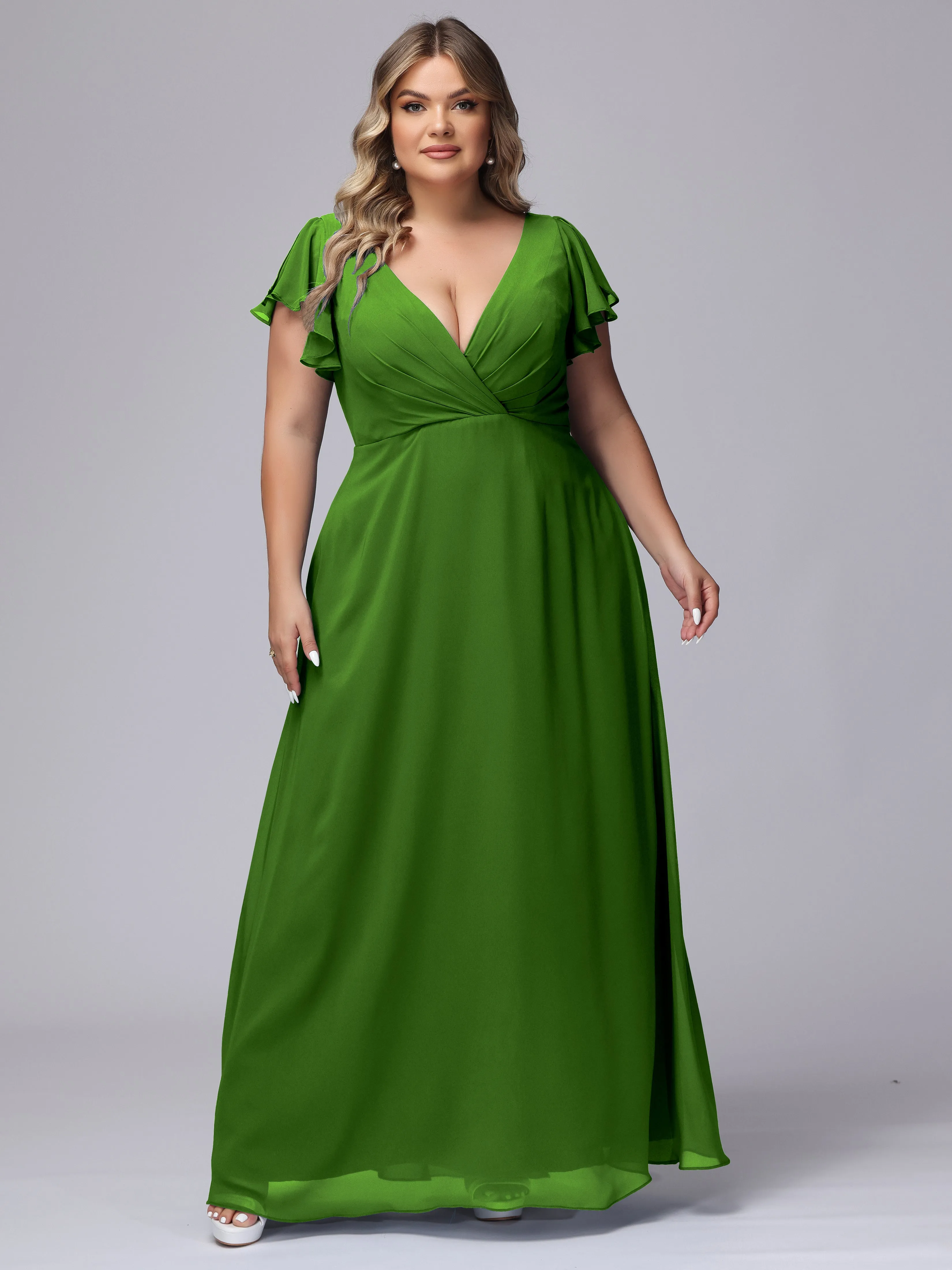 A-line Short Sleeves V-neck Chiffon Plus Size Long Bridesmaid Dresses