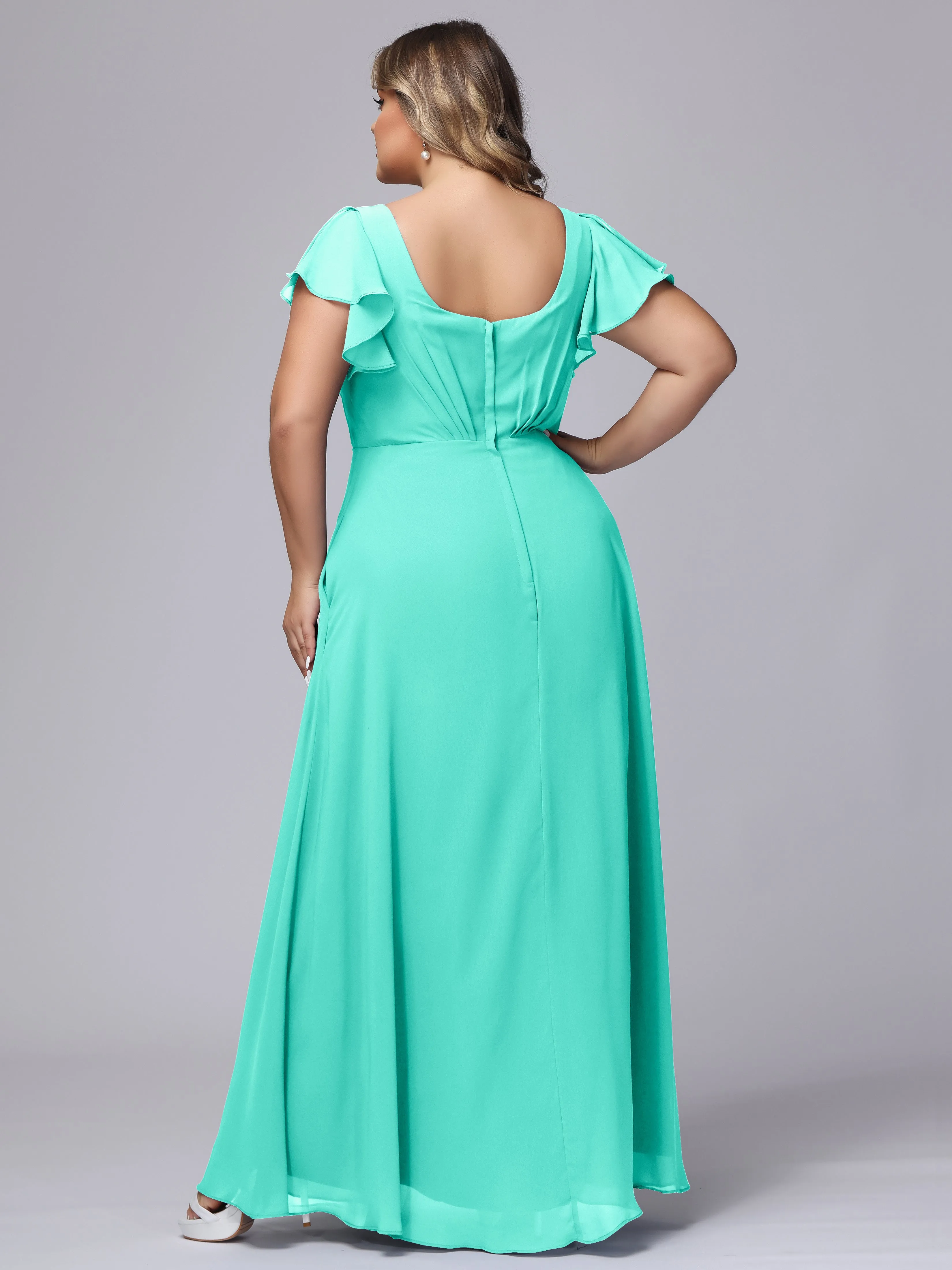 A-line Short Sleeves V-neck Chiffon Plus Size Long Bridesmaid Dresses