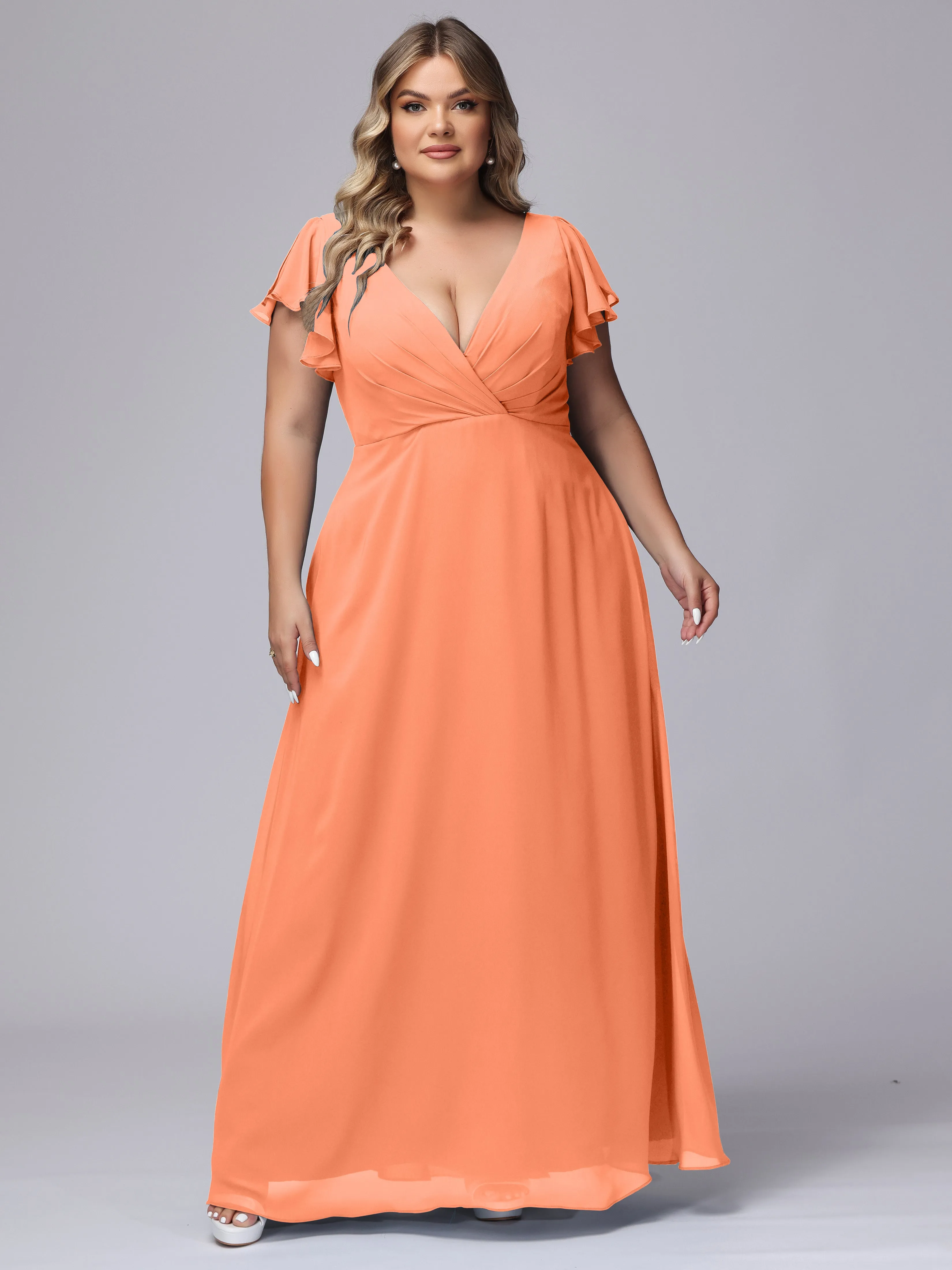 A-line Short Sleeves V-neck Chiffon Plus Size Long Bridesmaid Dresses