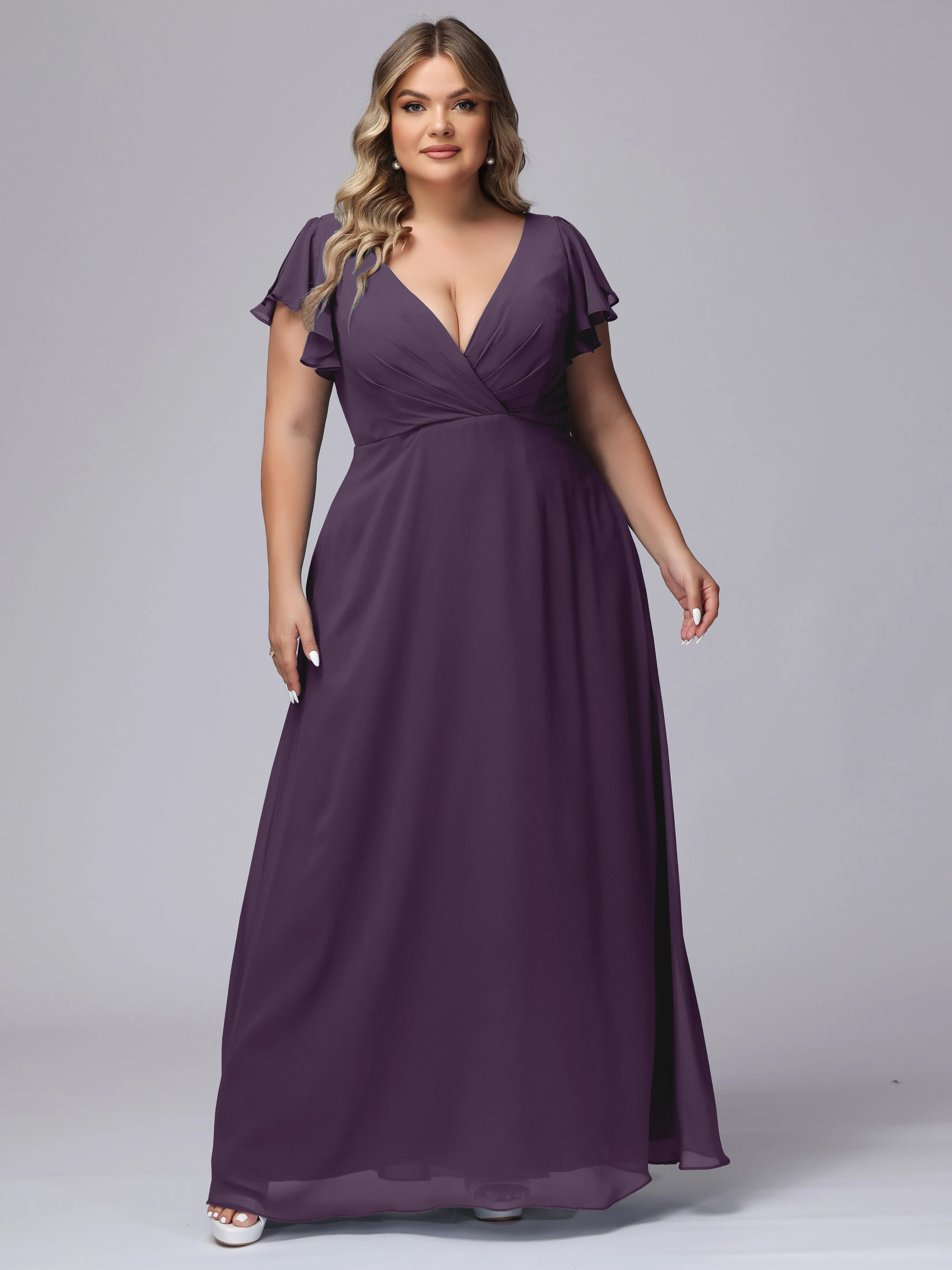 A-line Short Sleeves V-neck Chiffon Plus Size Long Bridesmaid Dresses