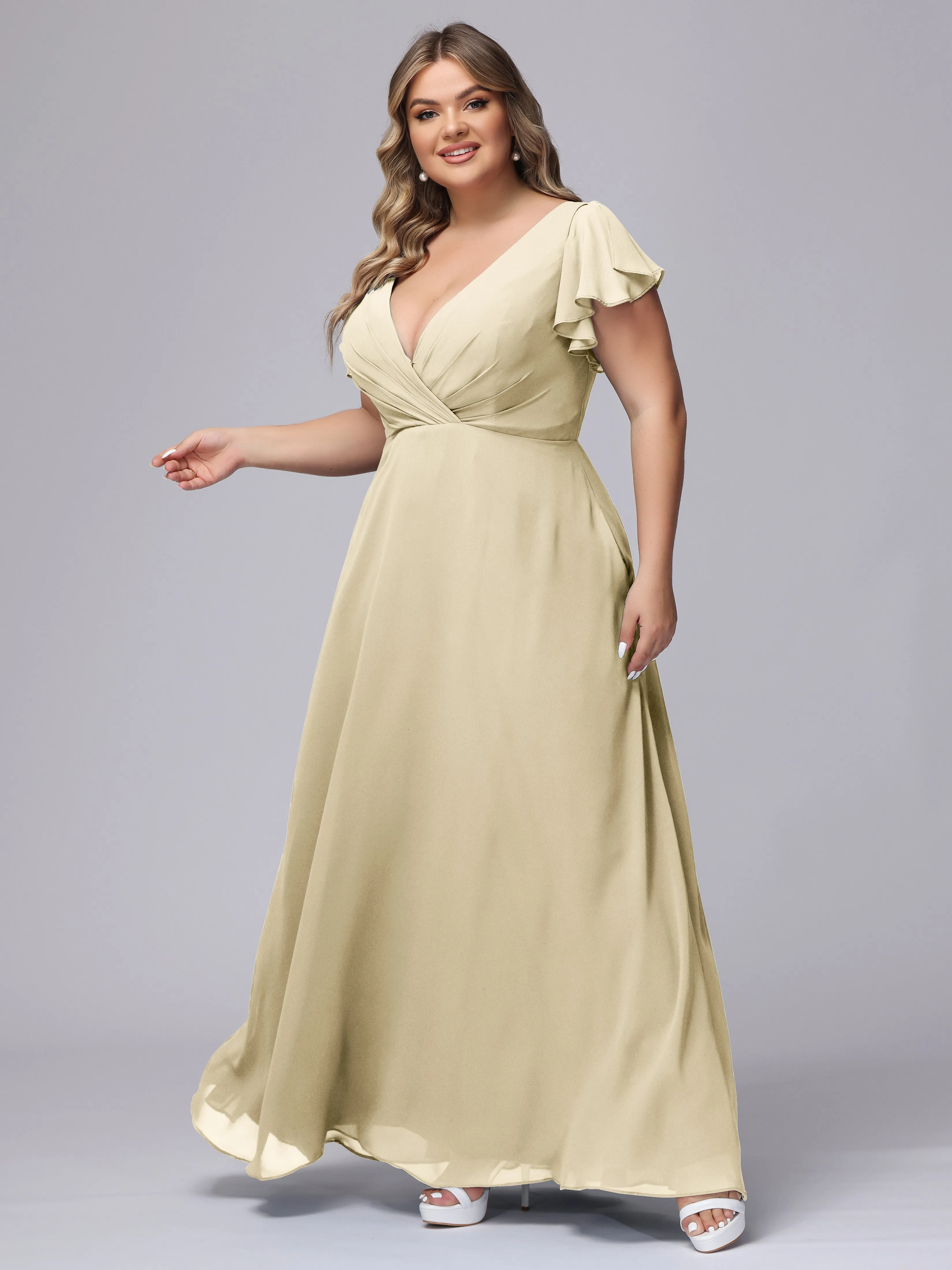 A-line Short Sleeves V-neck Chiffon Plus Size Long Bridesmaid Dresses