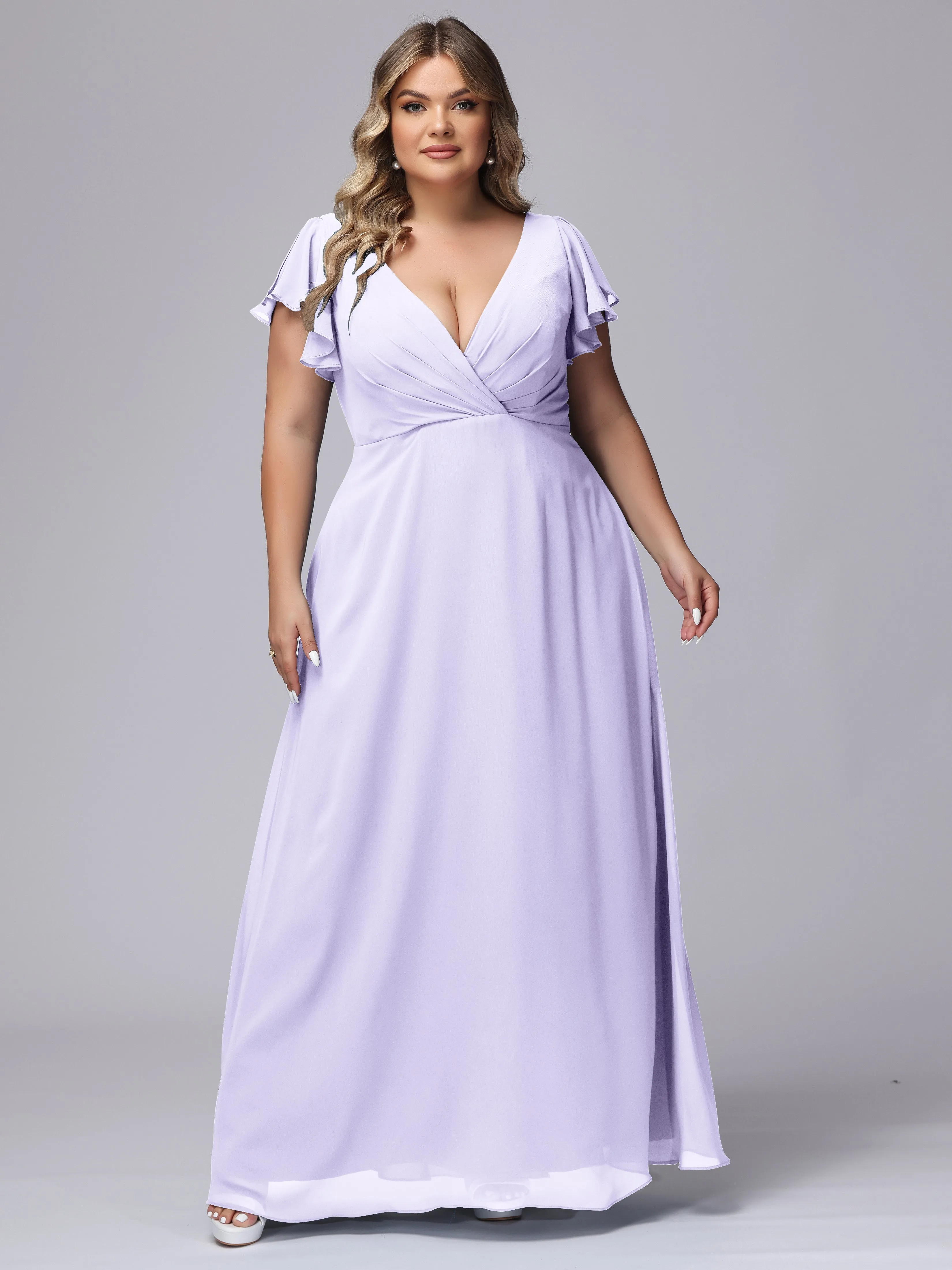 A-line Short Sleeves V-neck Chiffon Plus Size Long Bridesmaid Dresses