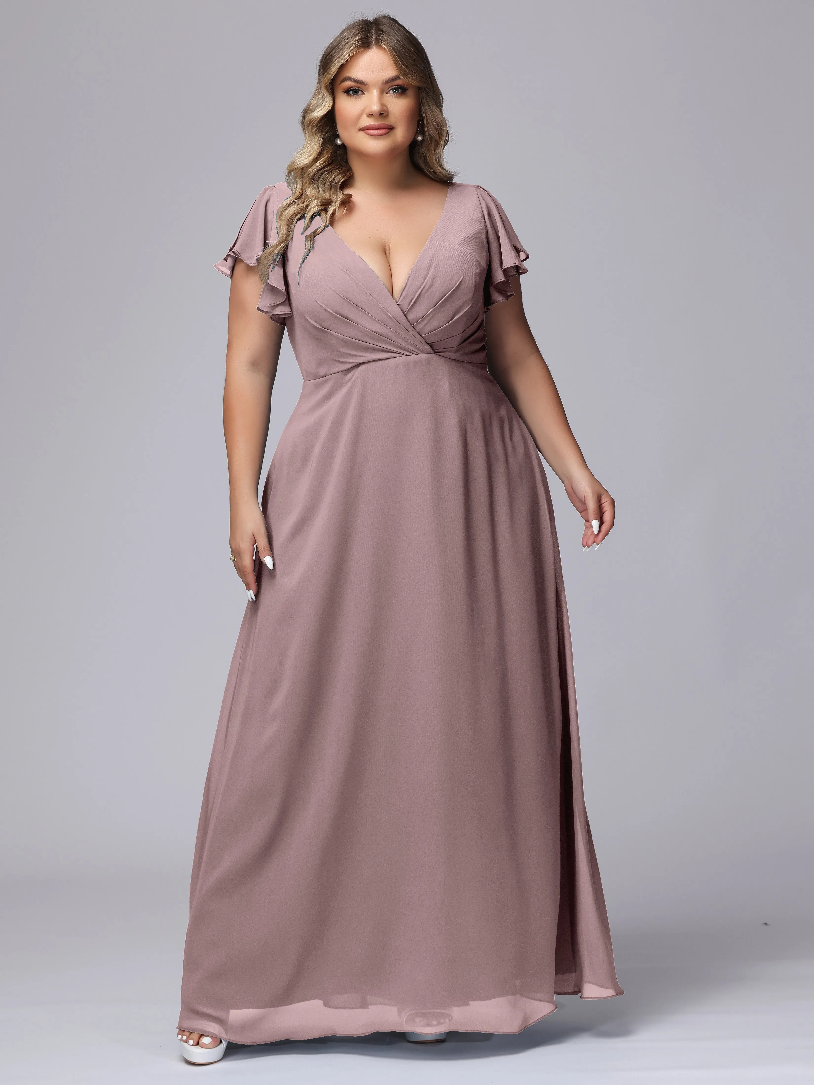 A-line Short Sleeves V-neck Chiffon Plus Size Long Bridesmaid Dresses