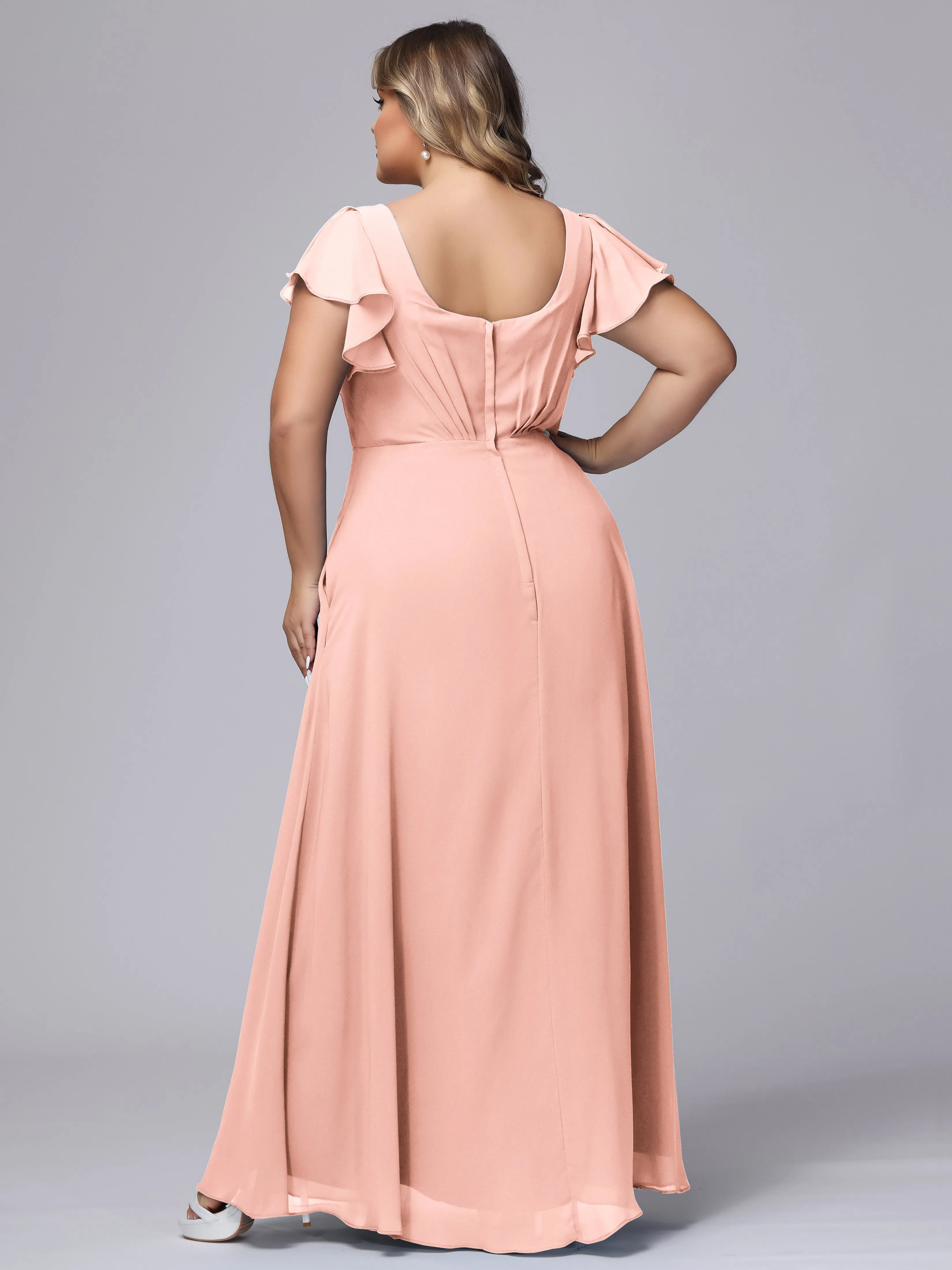 A-line Short Sleeves V-neck Chiffon Plus Size Long Bridesmaid Dresses