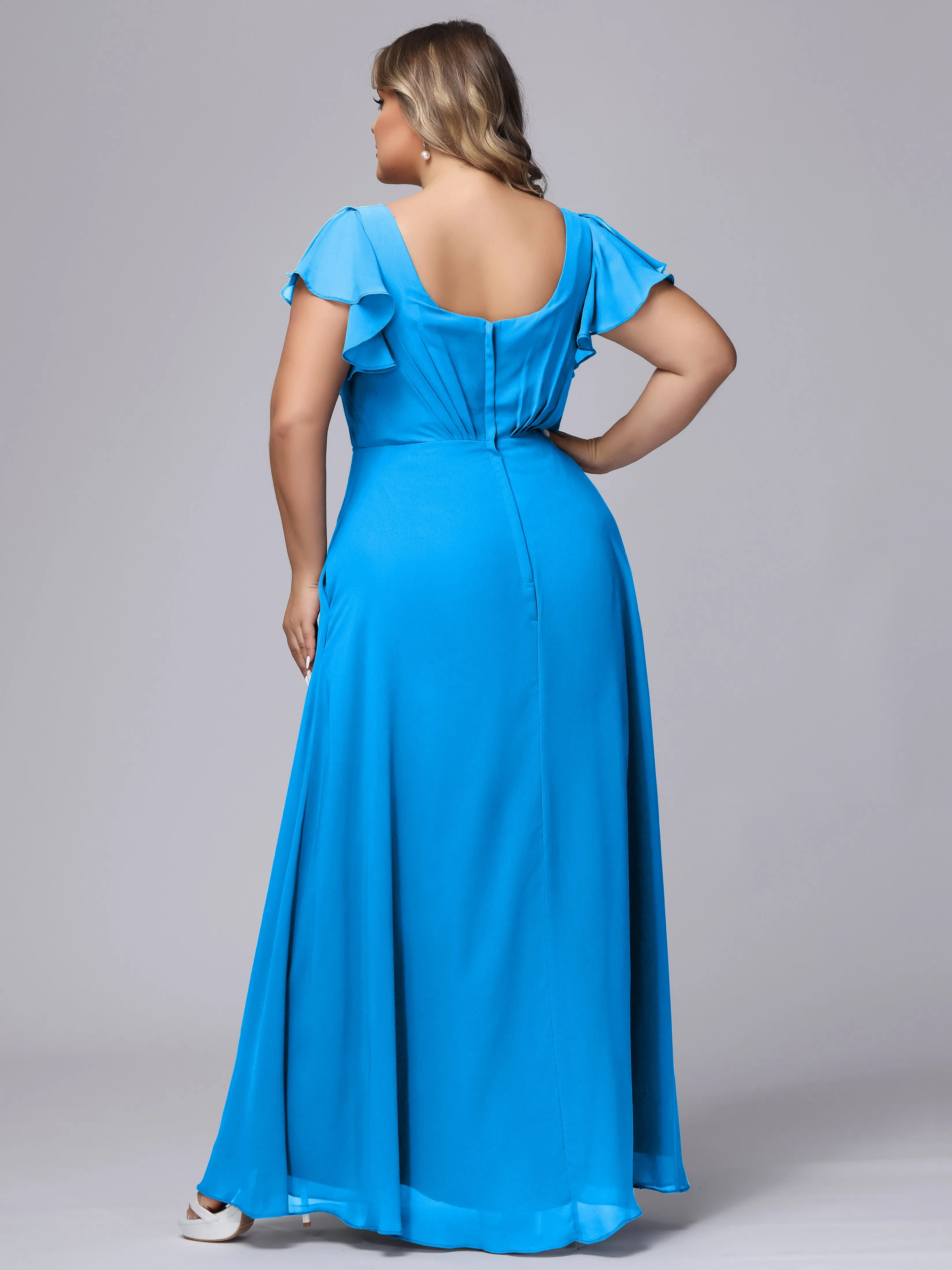 A-line Short Sleeves V-neck Chiffon Plus Size Long Bridesmaid Dresses