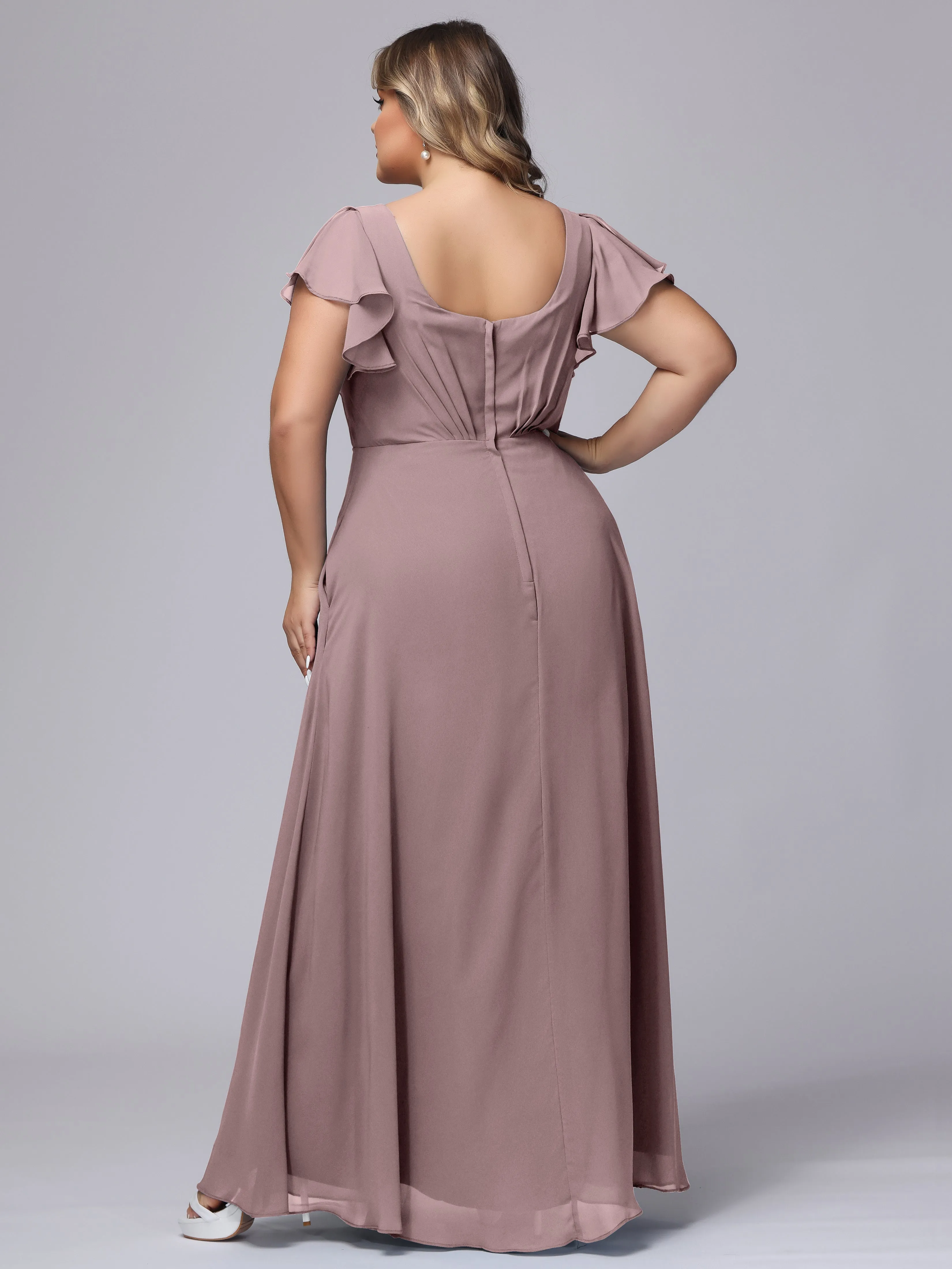 A-line Short Sleeves V-neck Chiffon Plus Size Long Bridesmaid Dresses