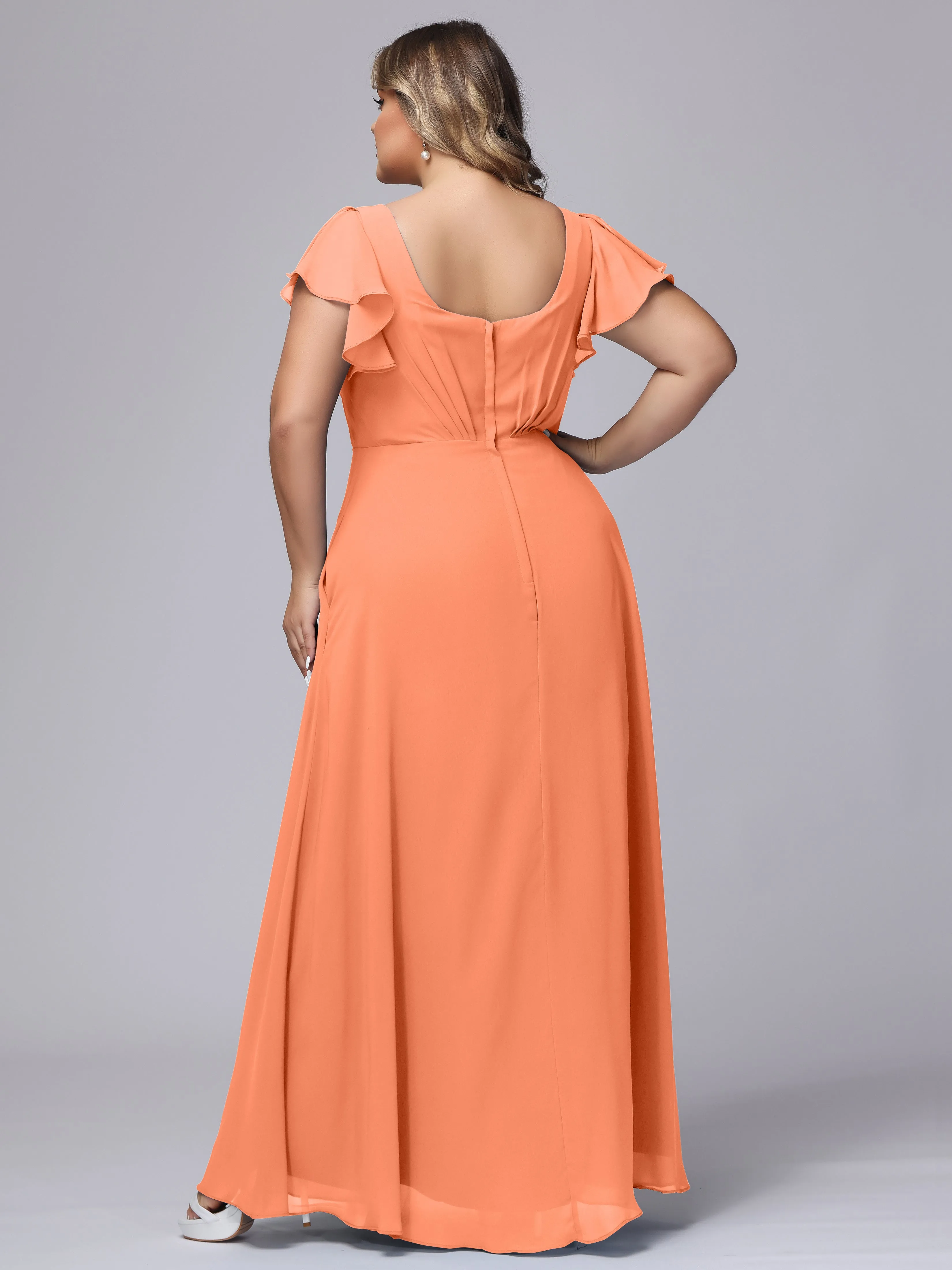 A-line Short Sleeves V-neck Chiffon Plus Size Long Bridesmaid Dresses