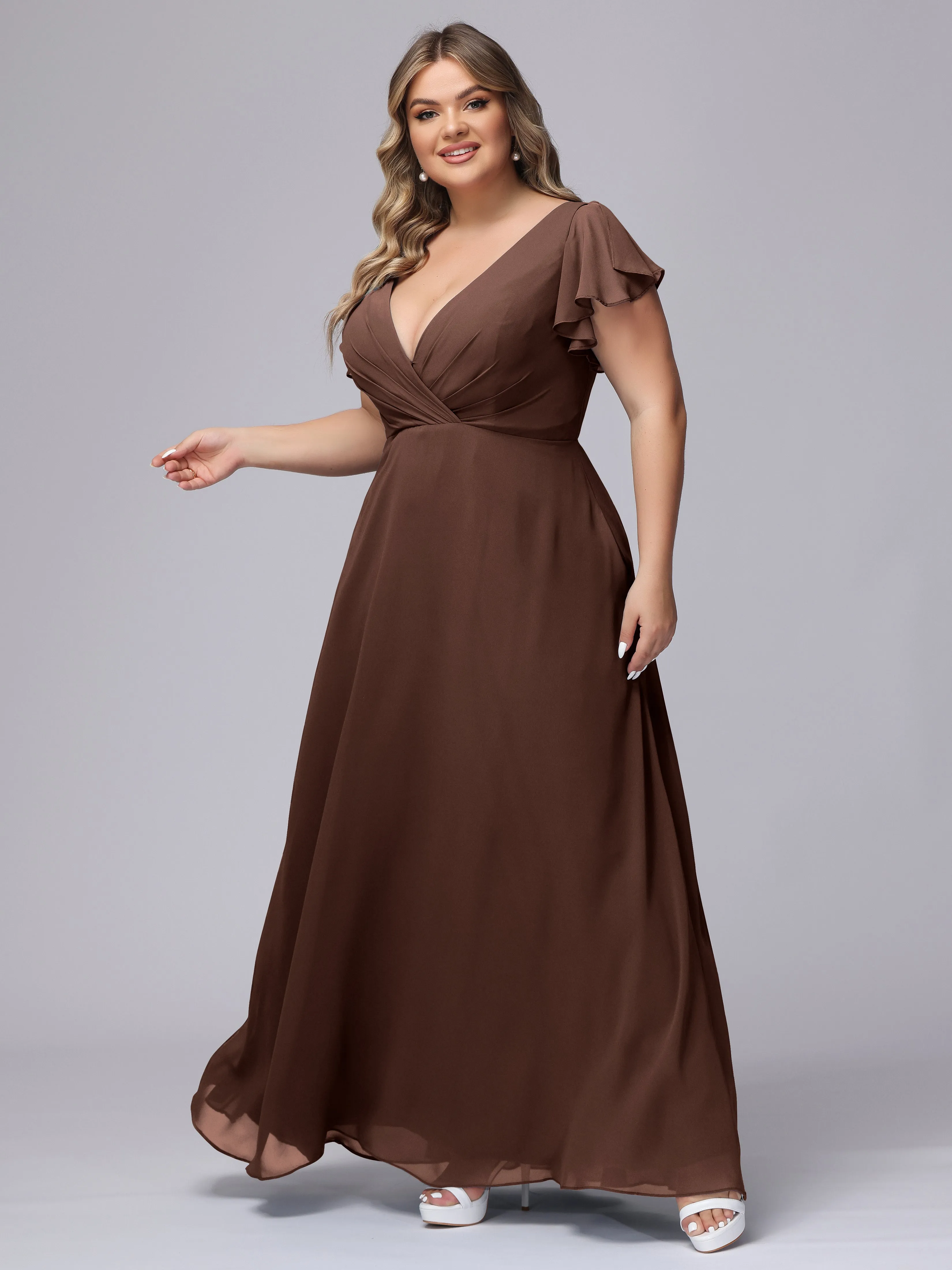 A-line Short Sleeves V-neck Chiffon Plus Size Long Bridesmaid Dresses