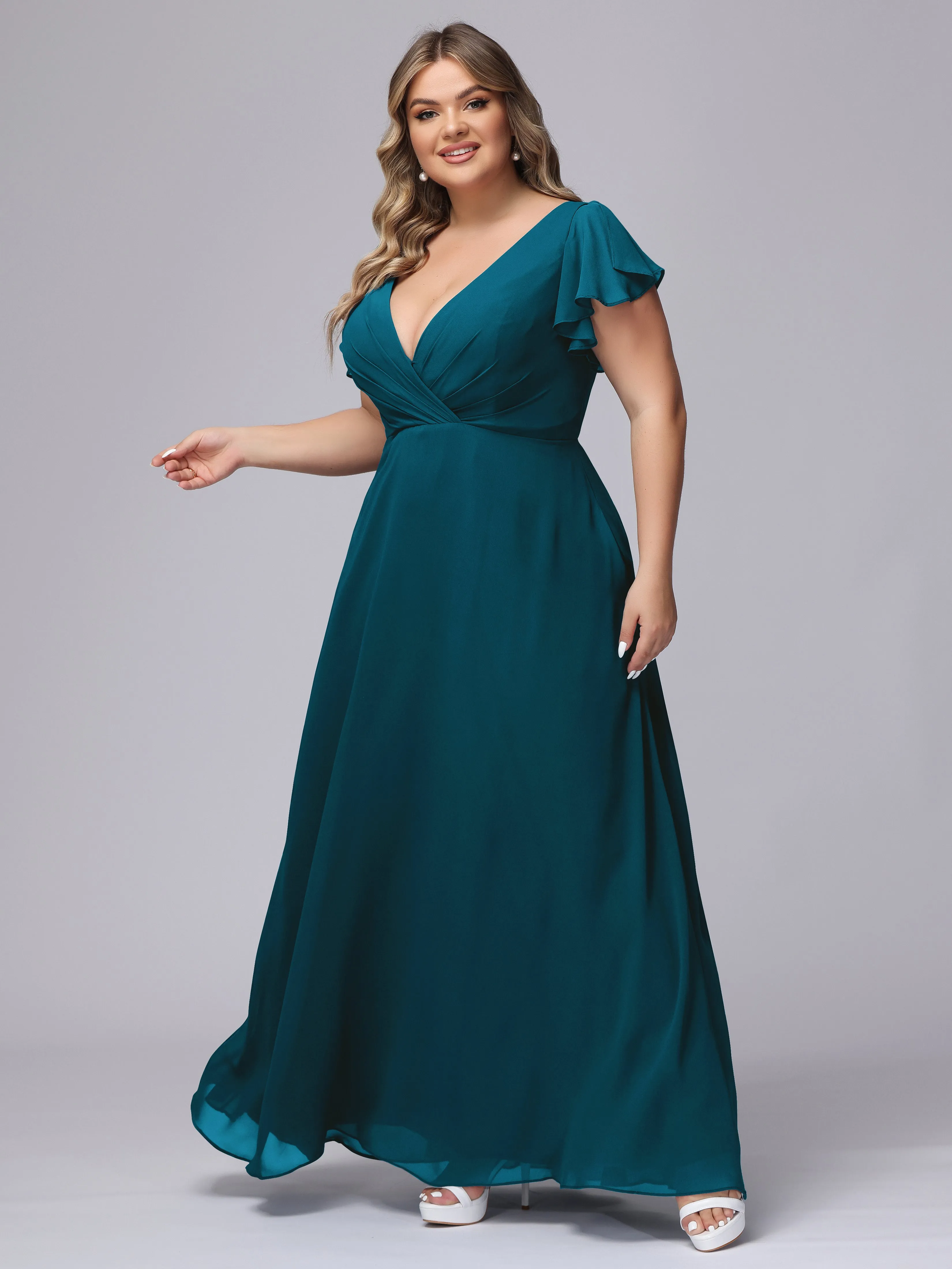 A-line Short Sleeves V-neck Chiffon Plus Size Long Bridesmaid Dresses
