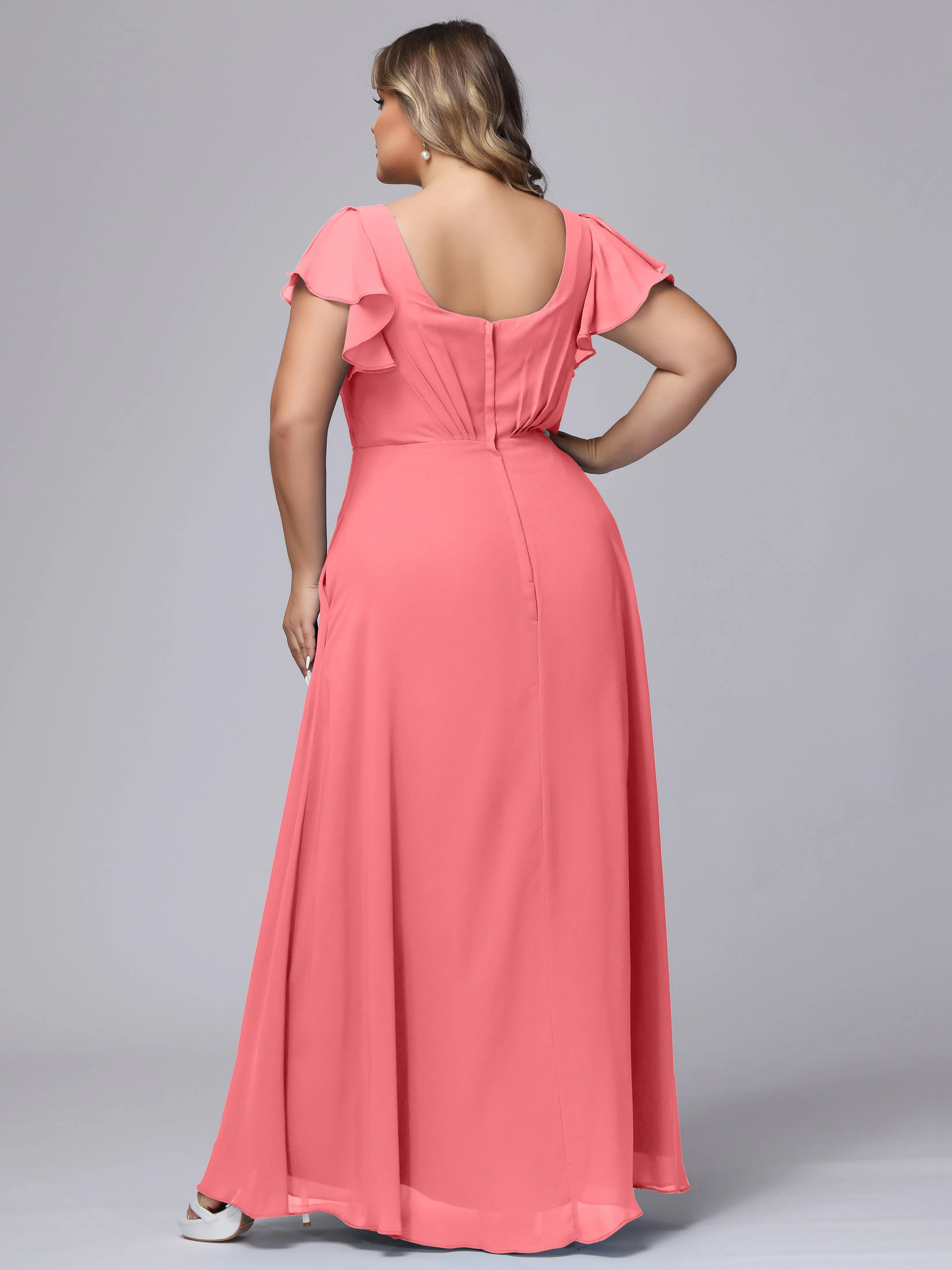 A-line Short Sleeves V-neck Chiffon Plus Size Long Bridesmaid Dresses