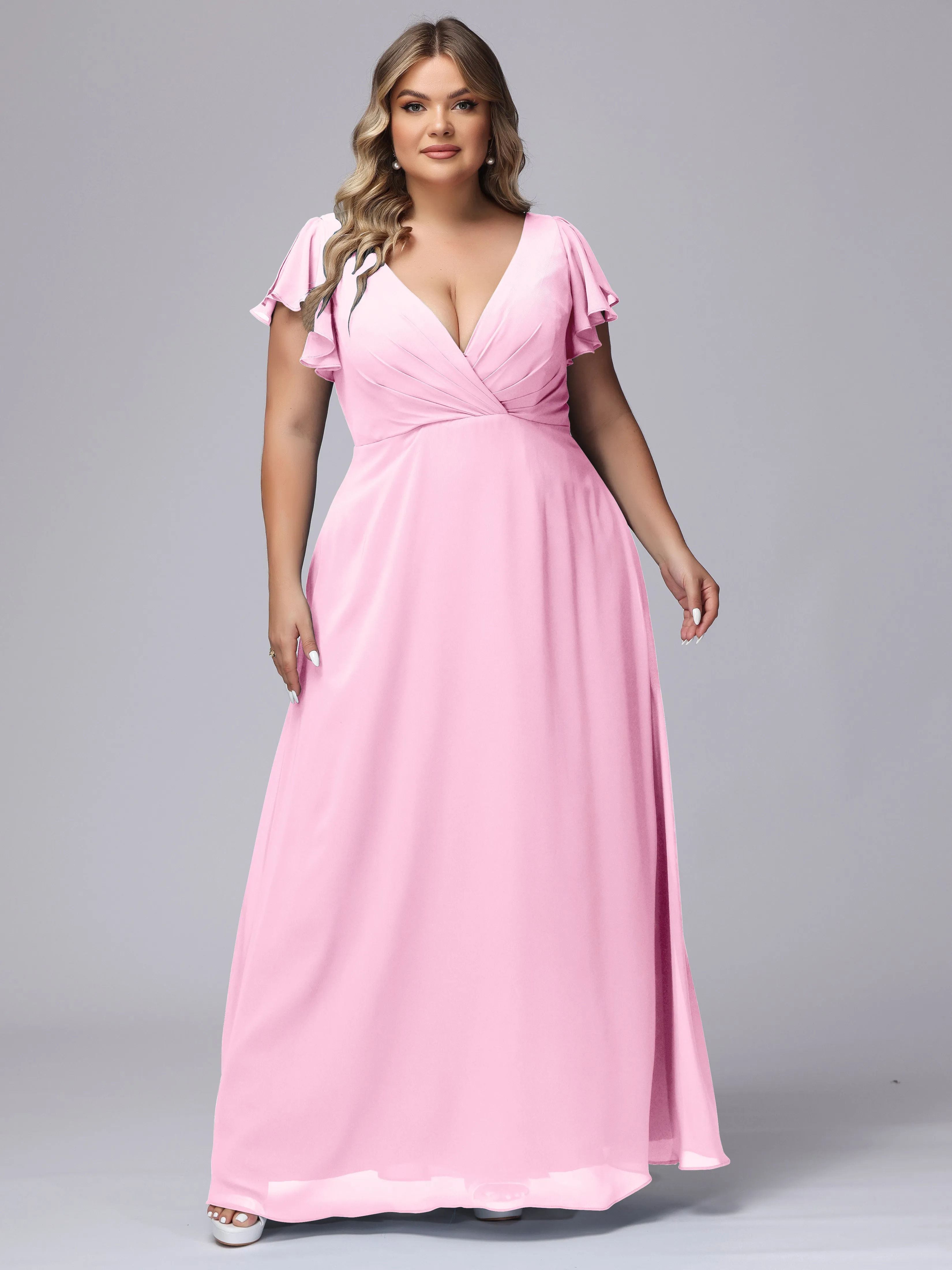 A-line Short Sleeves V-neck Chiffon Plus Size Long Bridesmaid Dresses