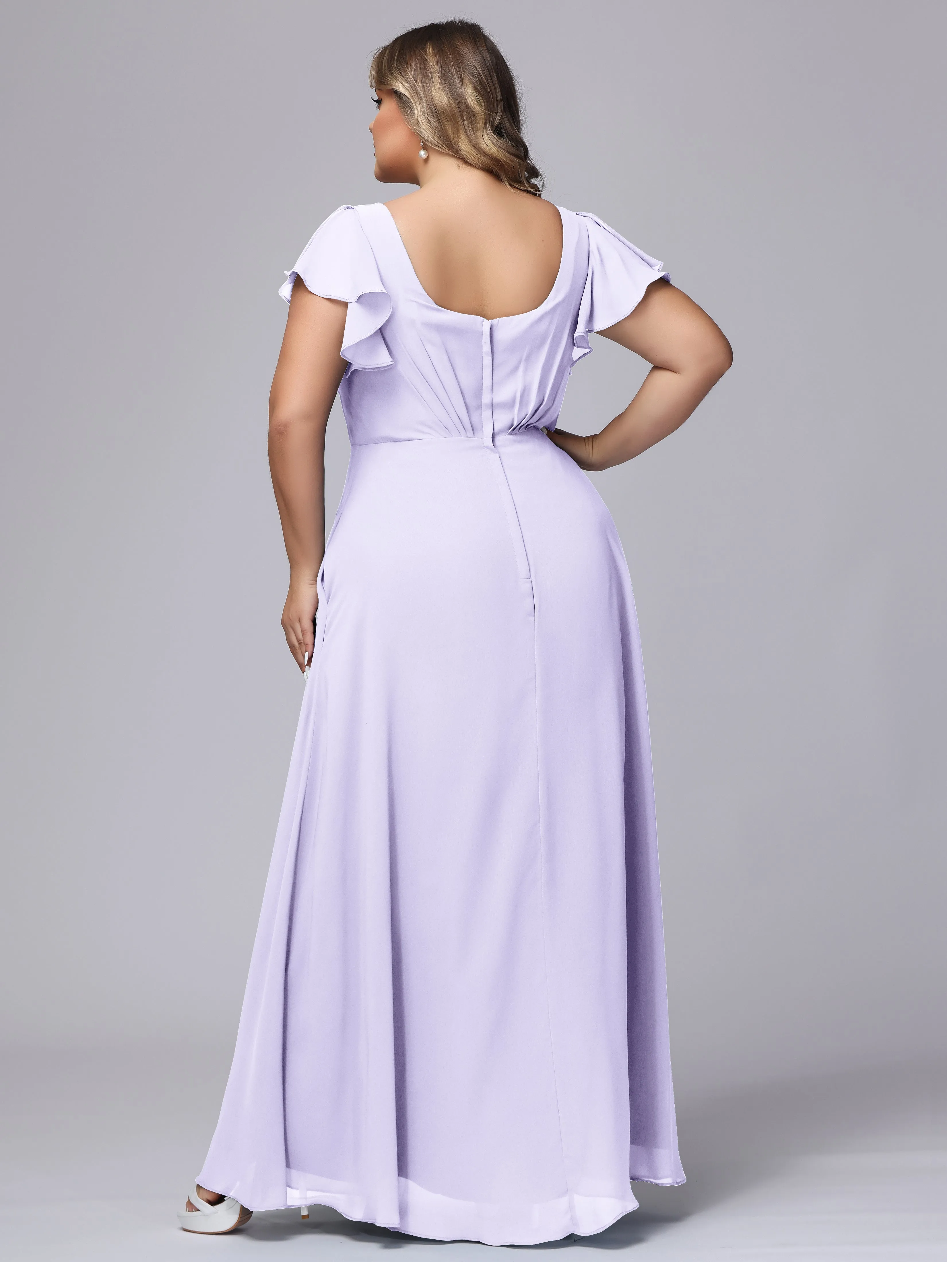 A-line Short Sleeves V-neck Chiffon Plus Size Long Bridesmaid Dresses