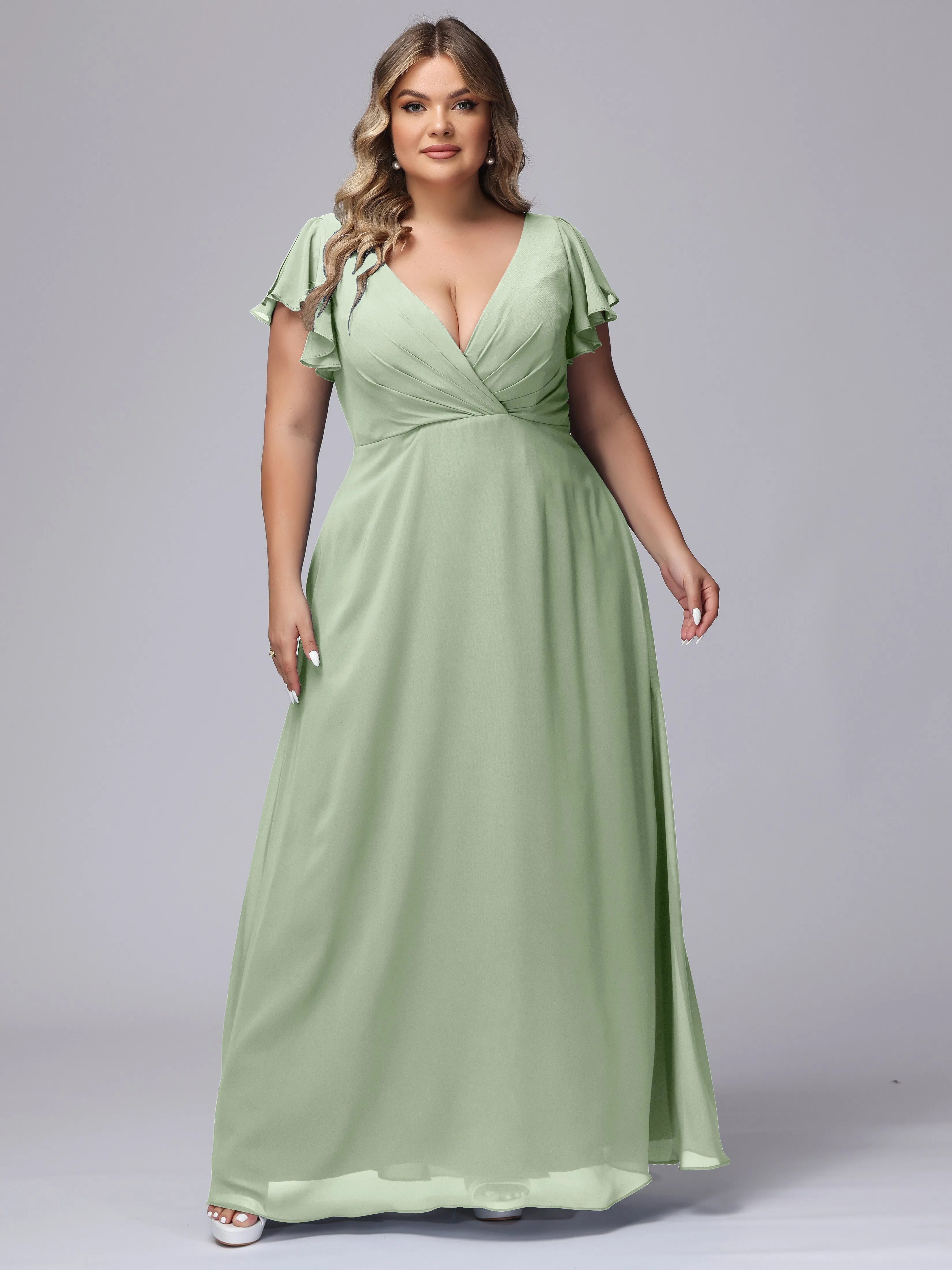 A-line Short Sleeves V-neck Chiffon Plus Size Long Bridesmaid Dresses