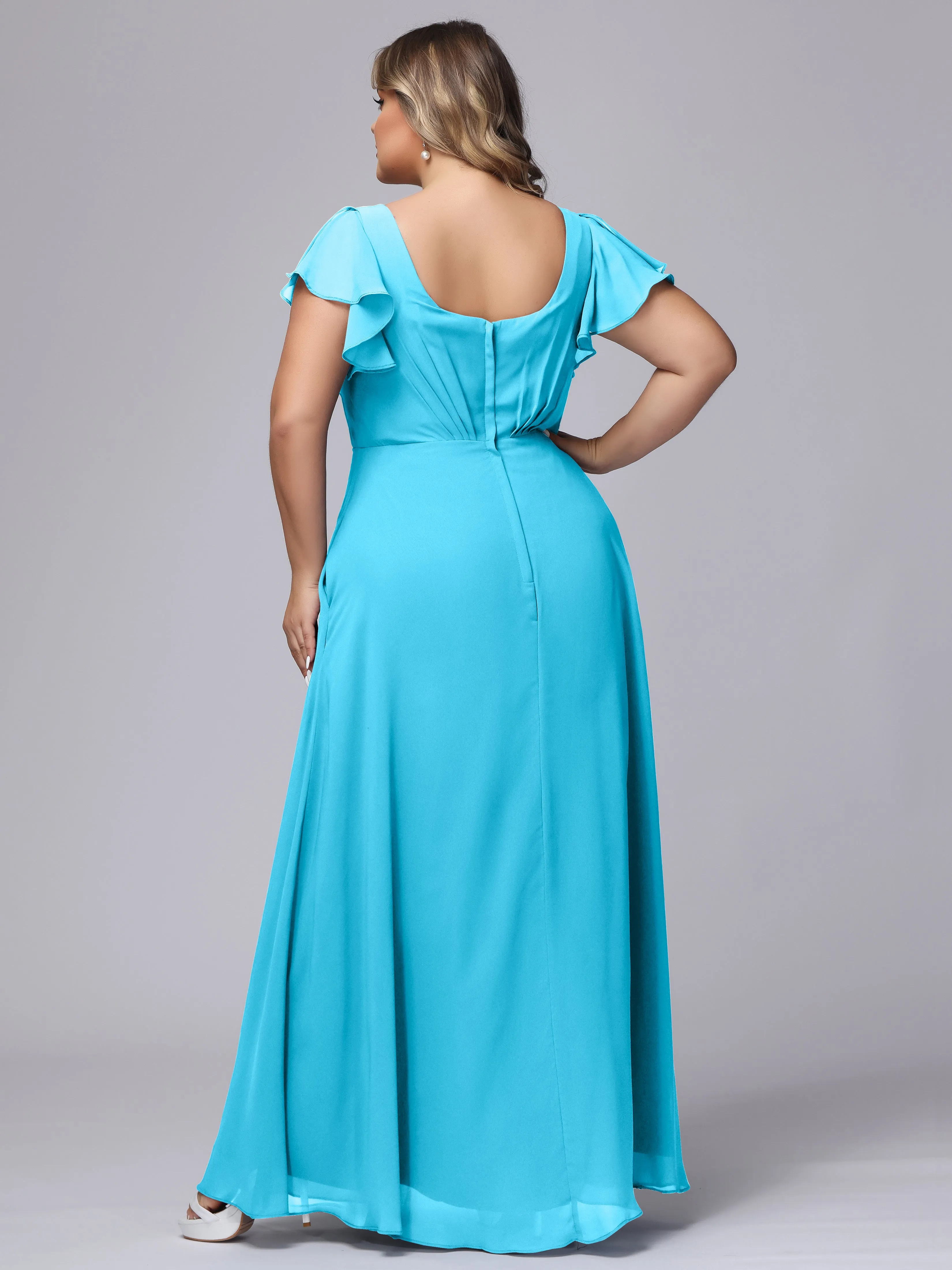 A-line Short Sleeves V-neck Chiffon Plus Size Long Bridesmaid Dresses