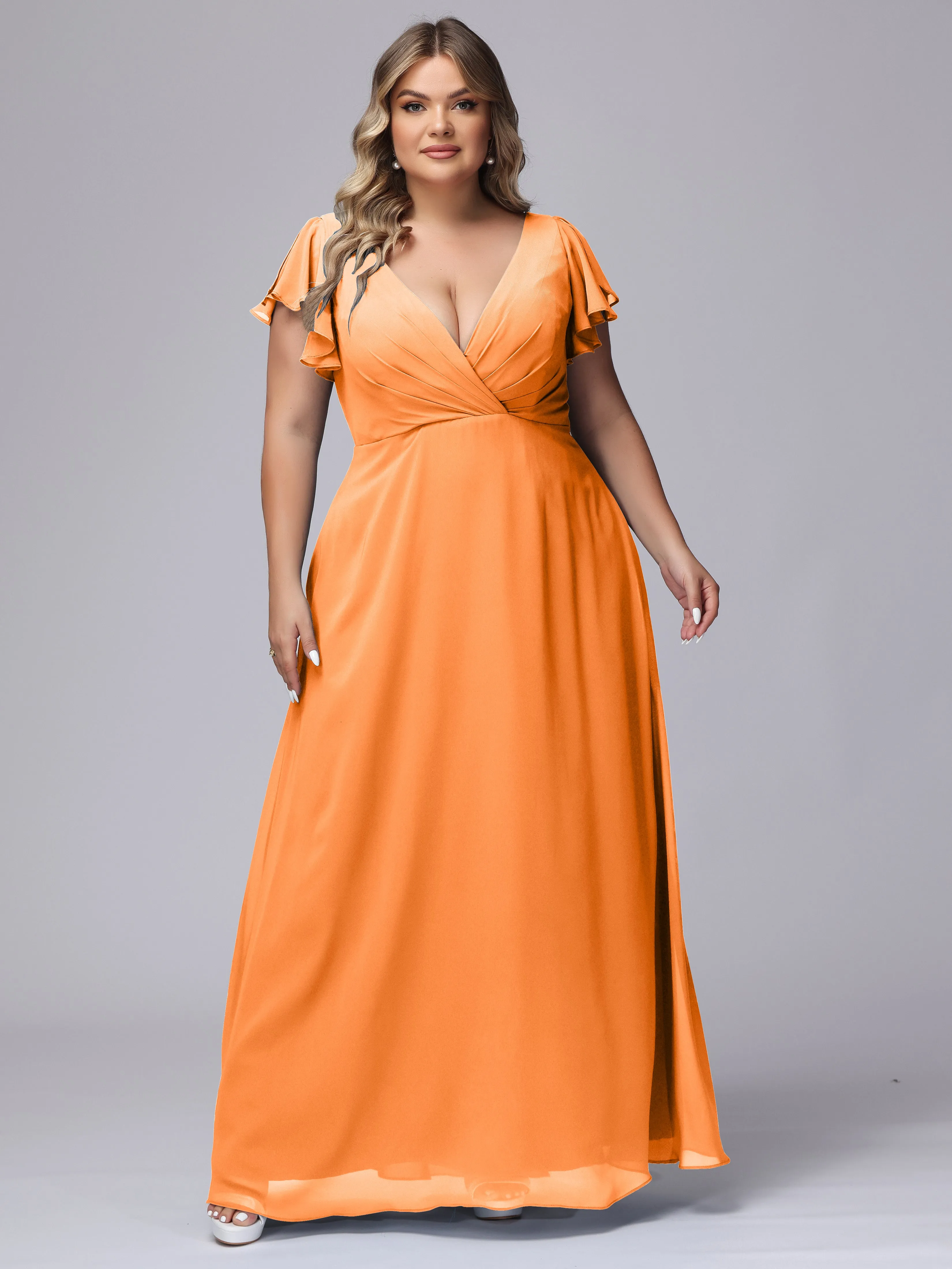 A-line Short Sleeves V-neck Chiffon Plus Size Long Bridesmaid Dresses