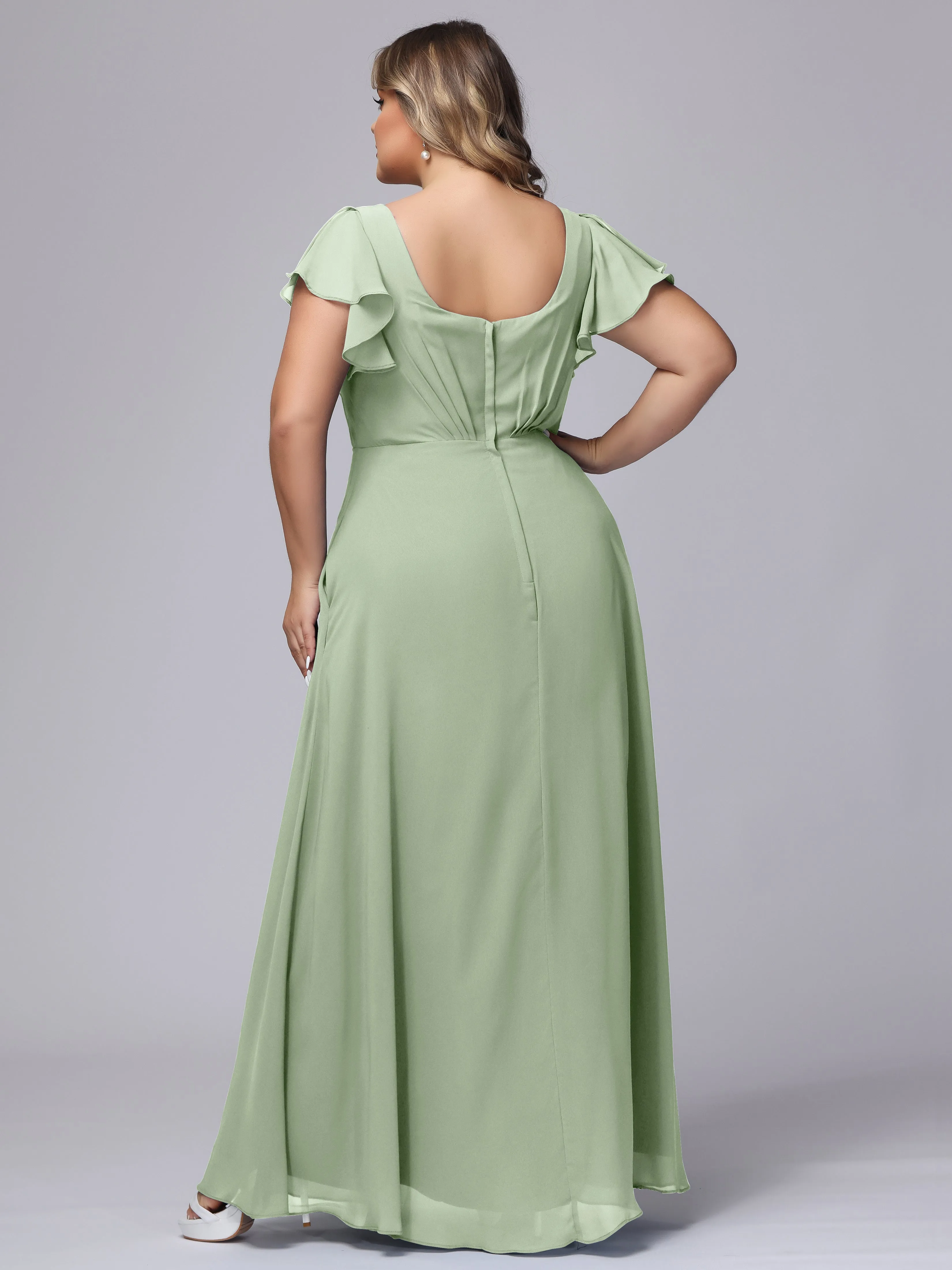 A-line Short Sleeves V-neck Chiffon Plus Size Long Bridesmaid Dresses
