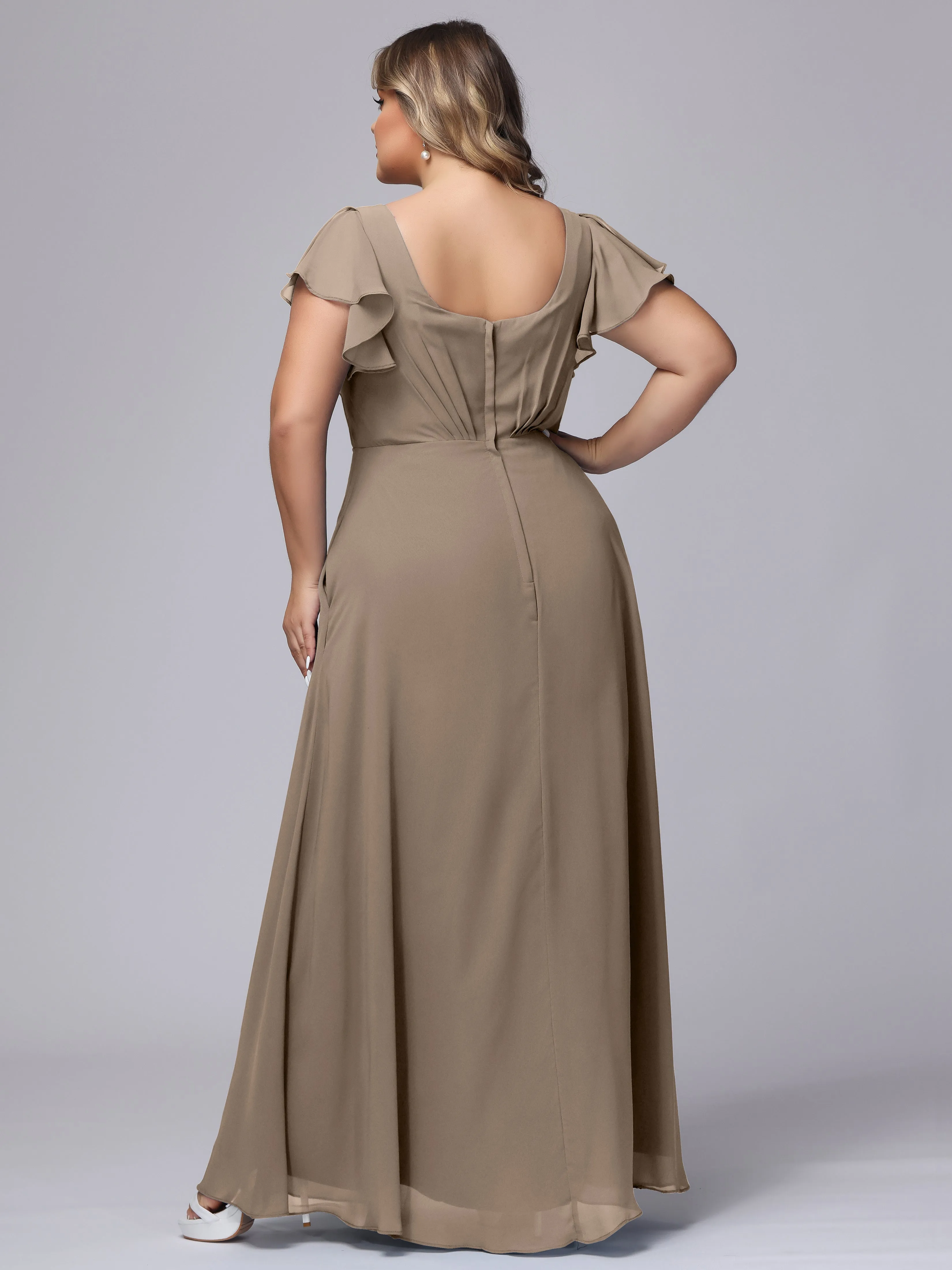 A-line Short Sleeves V-neck Chiffon Plus Size Long Bridesmaid Dresses