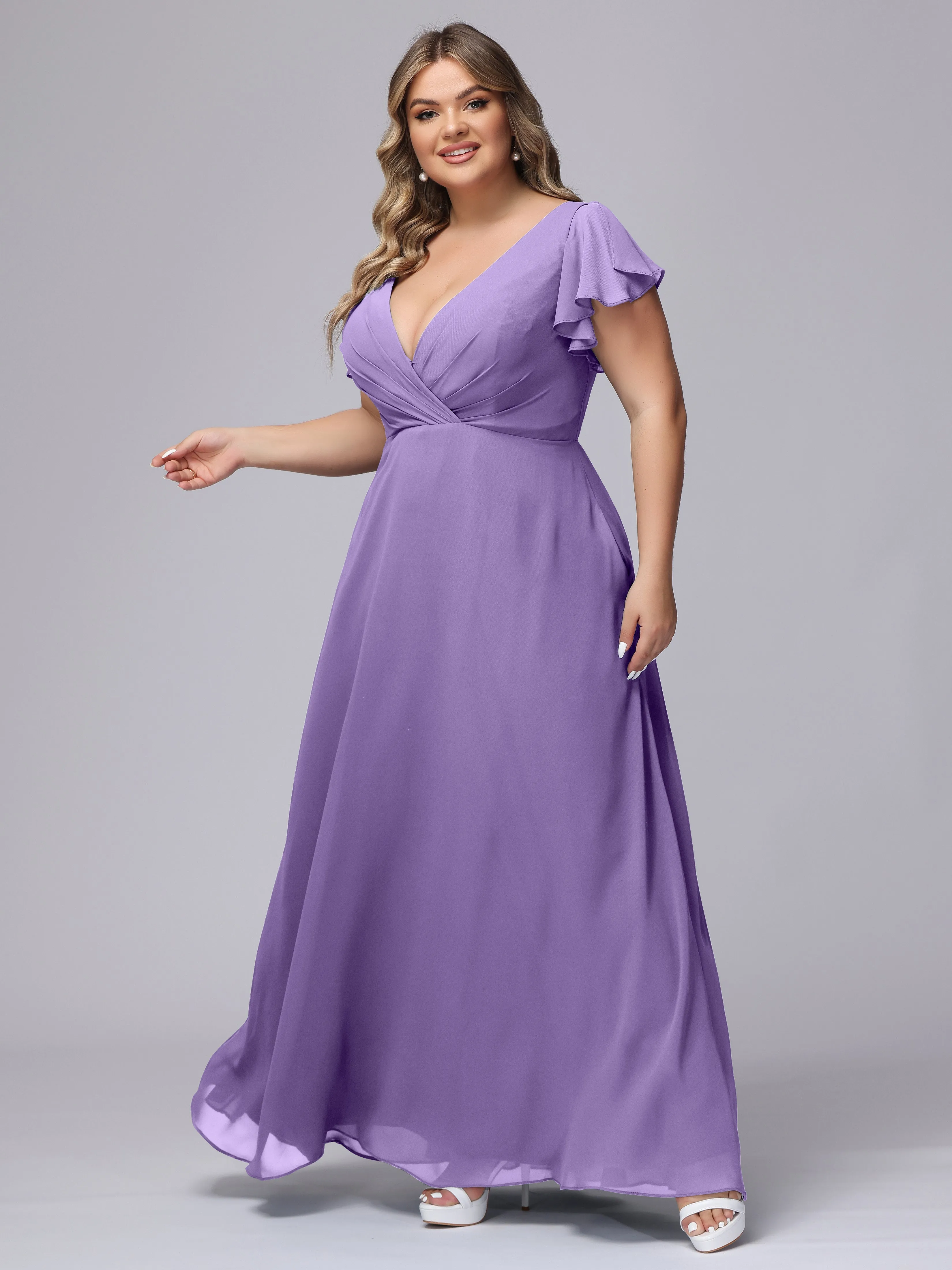 A-line Short Sleeves V-neck Chiffon Plus Size Long Bridesmaid Dresses