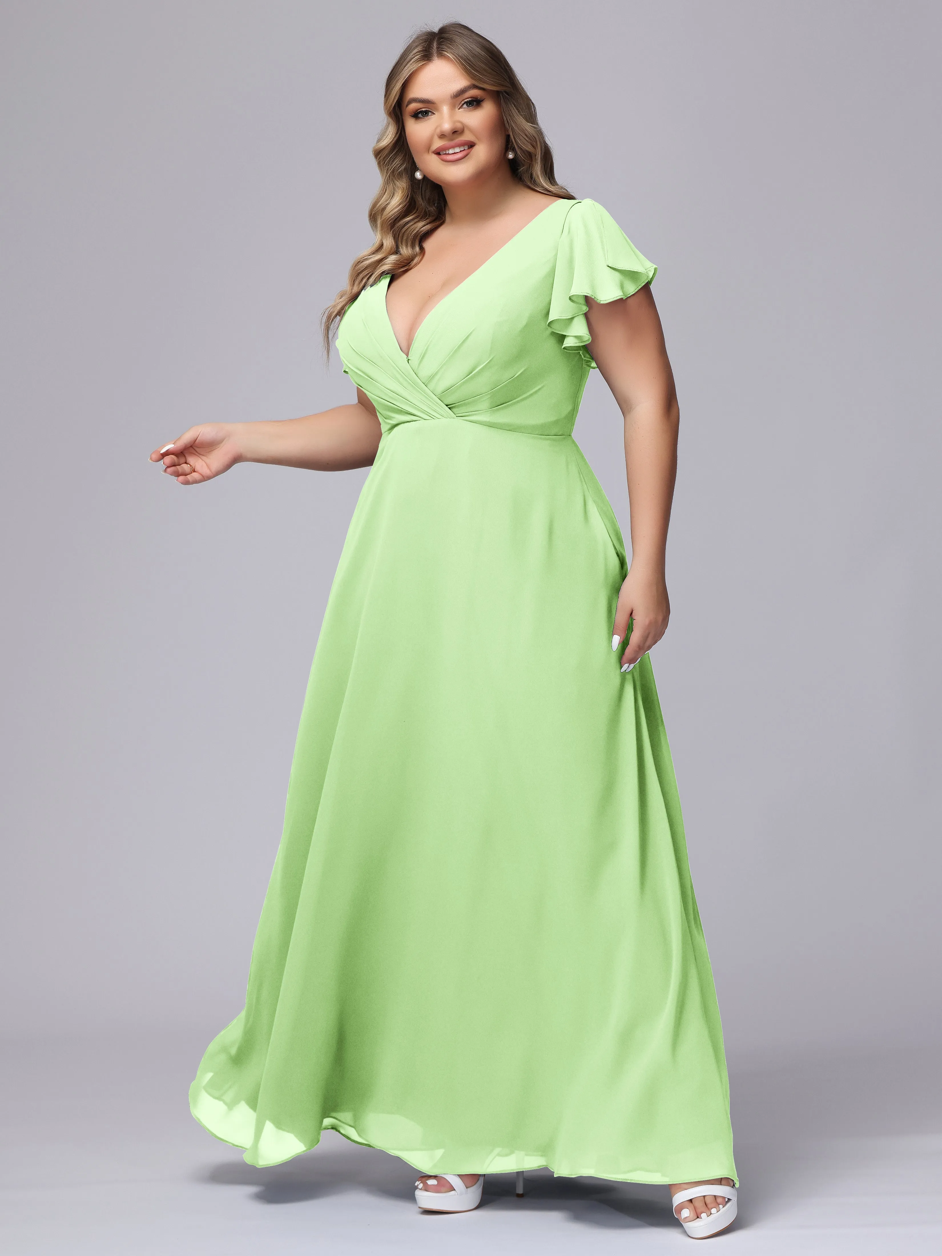 A-line Short Sleeves V-neck Chiffon Plus Size Long Bridesmaid Dresses