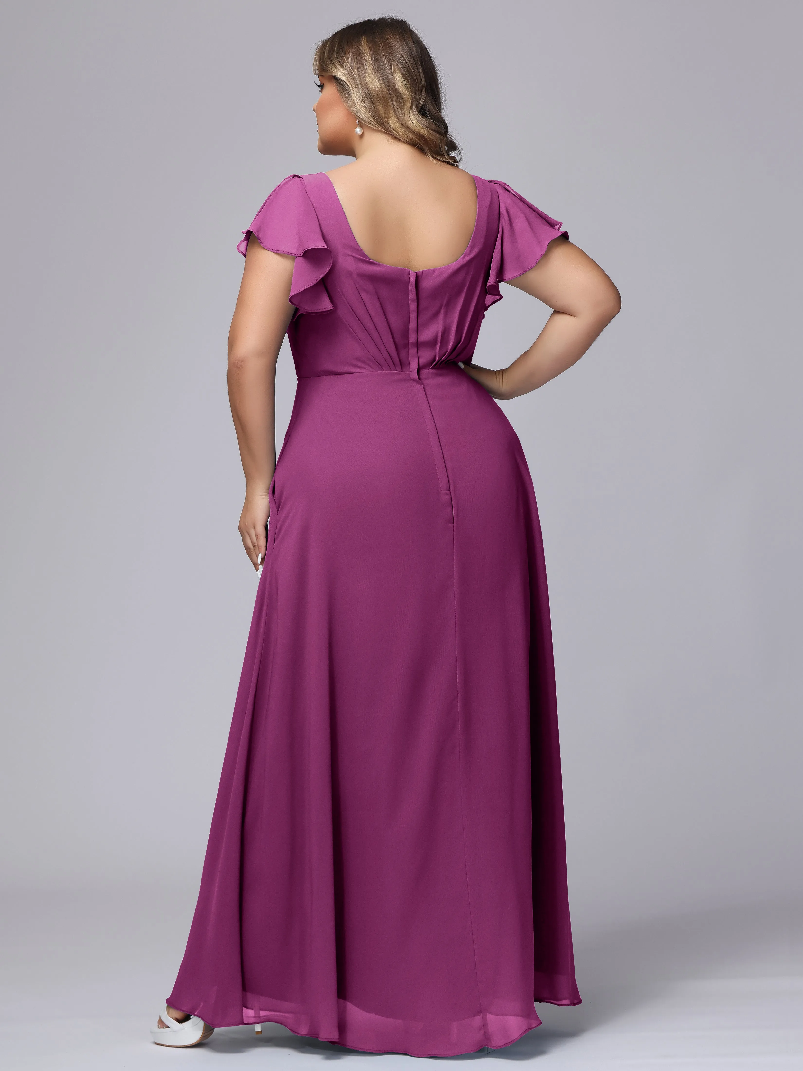 A-line Short Sleeves V-neck Chiffon Plus Size Long Bridesmaid Dresses