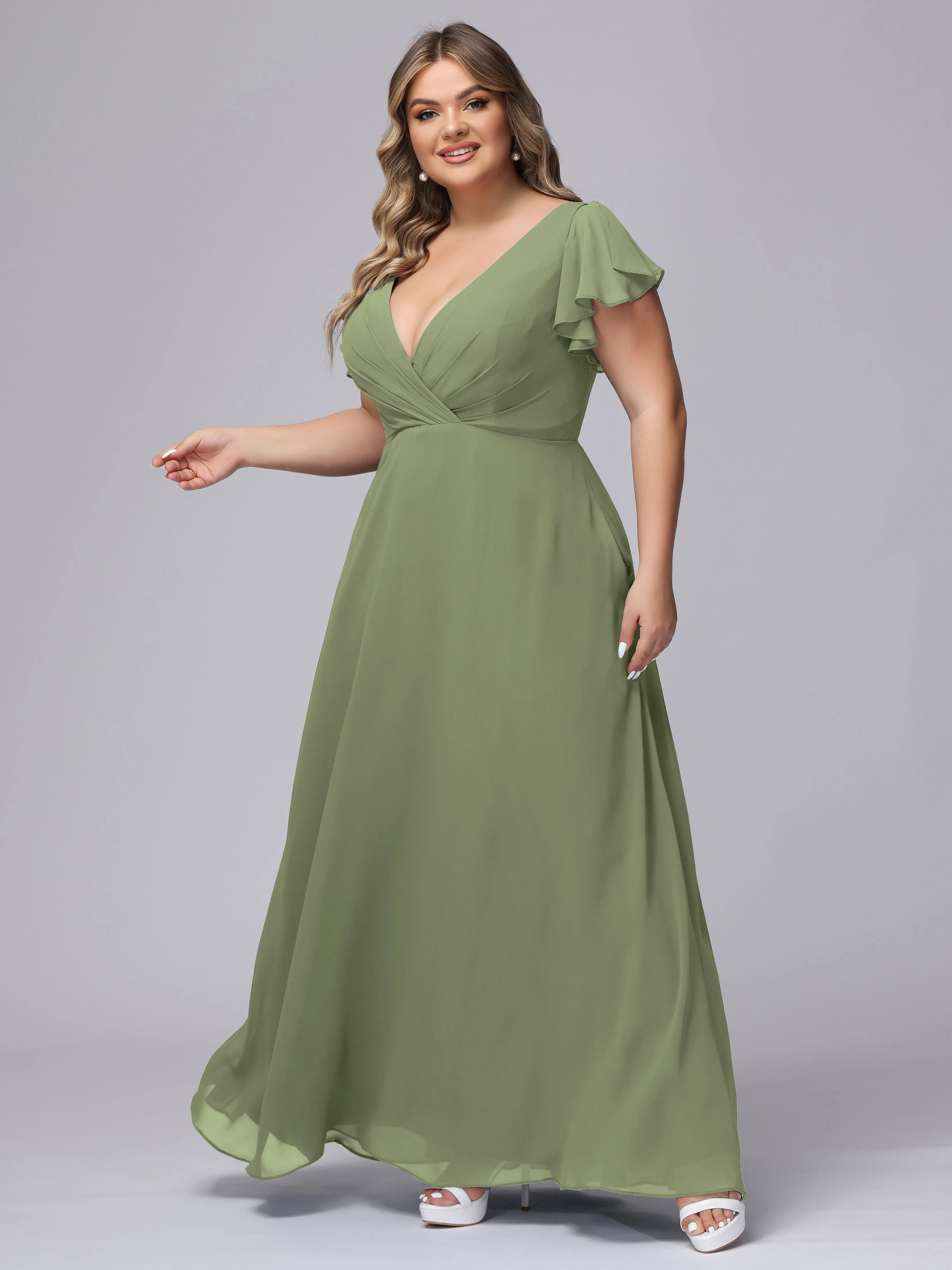 A-line Short Sleeves V-neck Chiffon Plus Size Long Bridesmaid Dresses