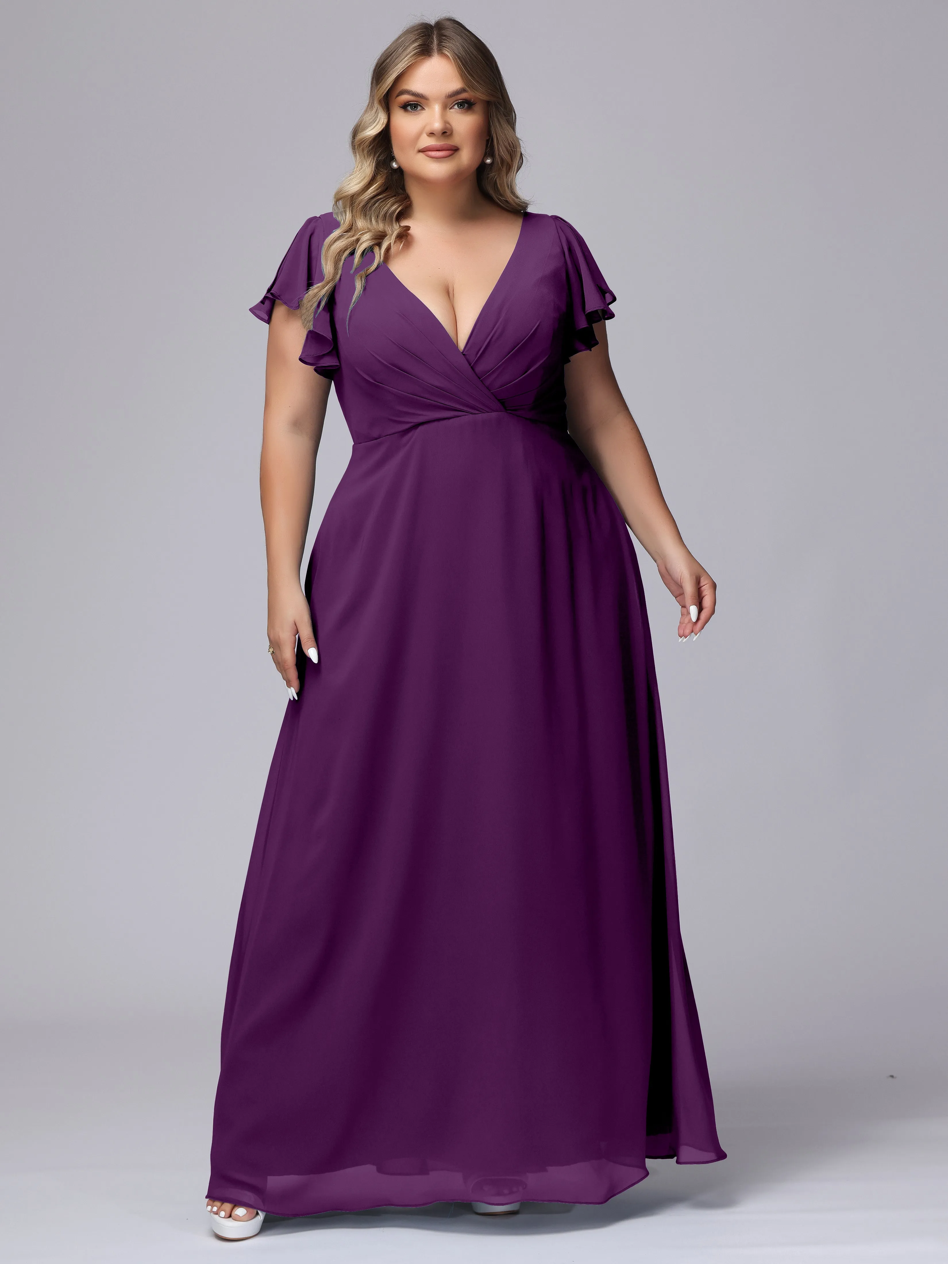 A-line Short Sleeves V-neck Chiffon Plus Size Long Bridesmaid Dresses