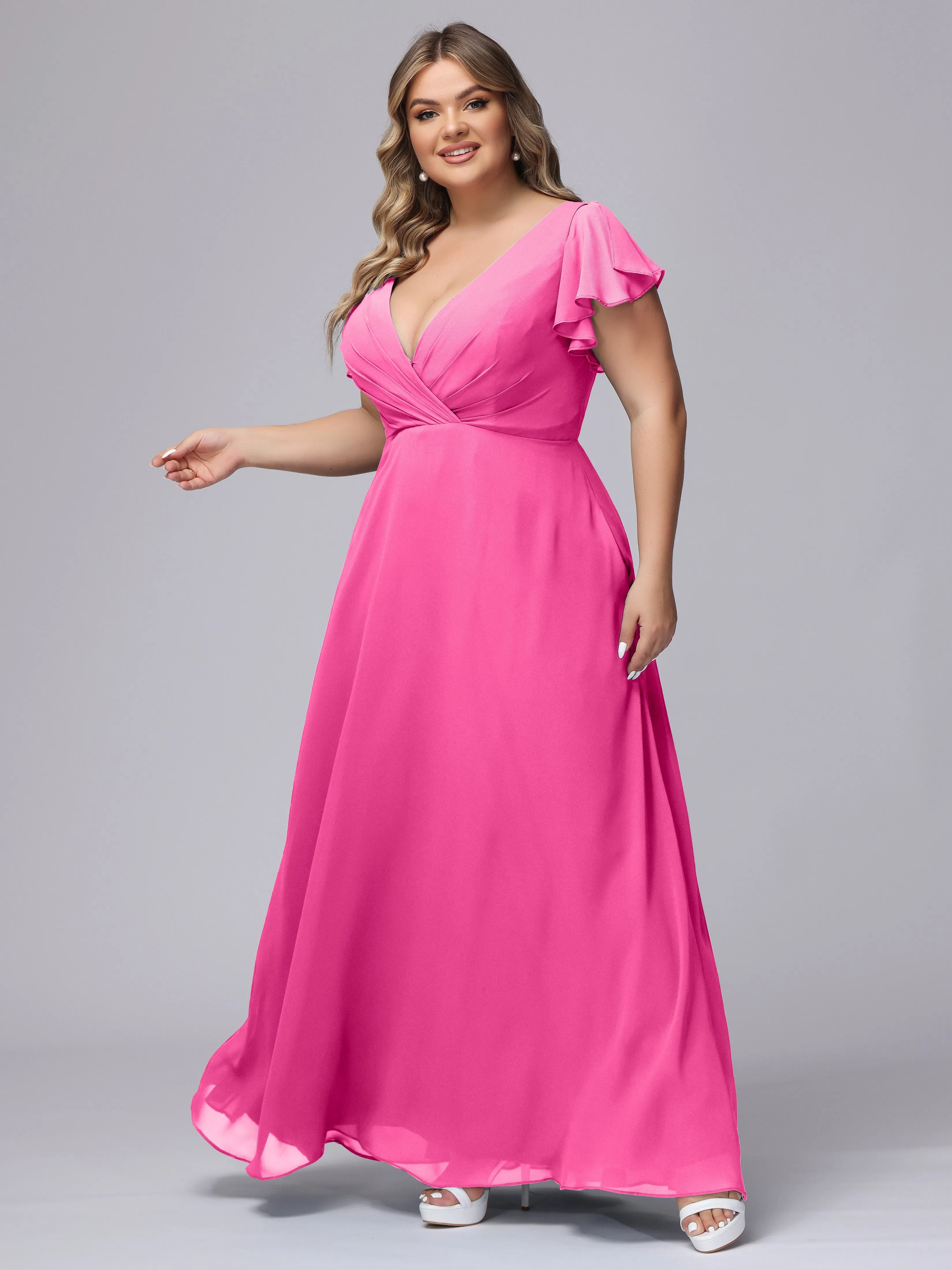 A-line Short Sleeves V-neck Chiffon Plus Size Long Bridesmaid Dresses