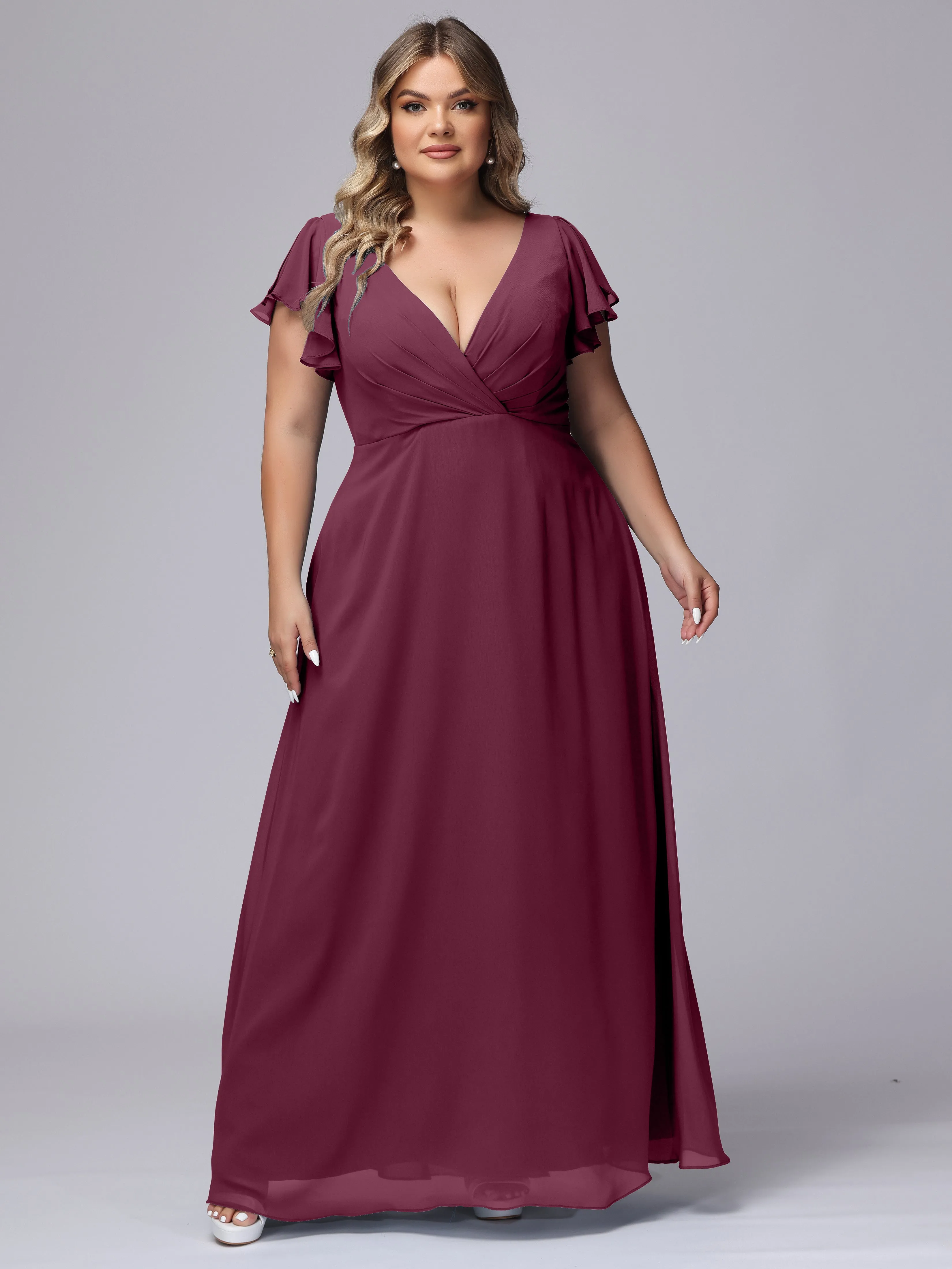 A-line Short Sleeves V-neck Chiffon Plus Size Long Bridesmaid Dresses