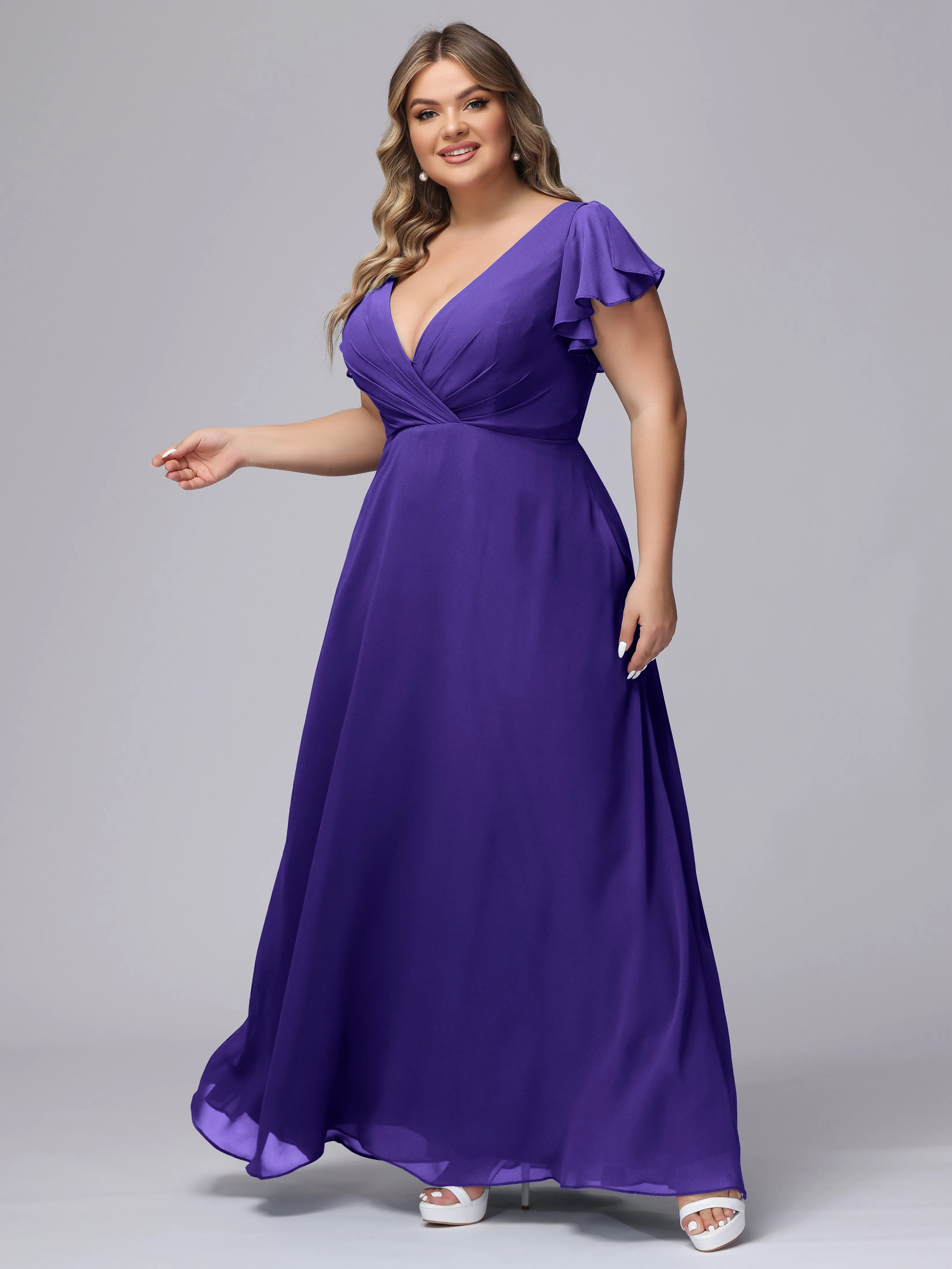 A-line Short Sleeves V-neck Chiffon Plus Size Long Bridesmaid Dresses